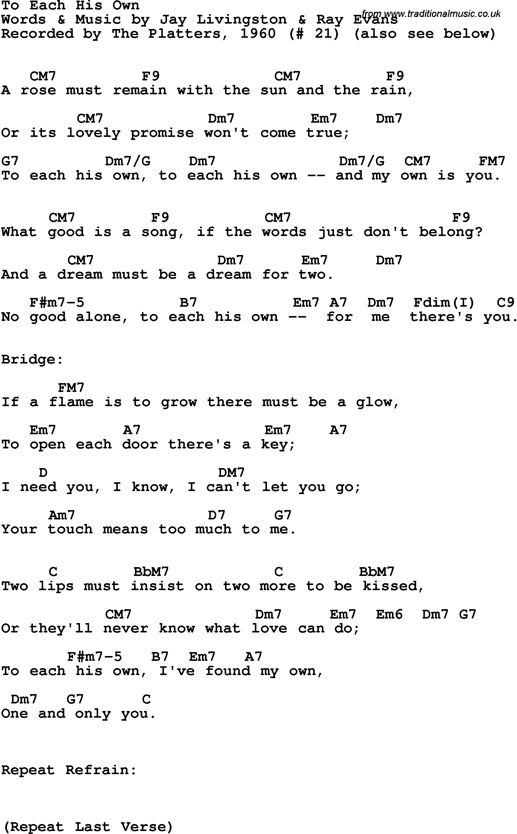 Song Lyrics with guitar chords for To Each His Own - The Platters, 1960