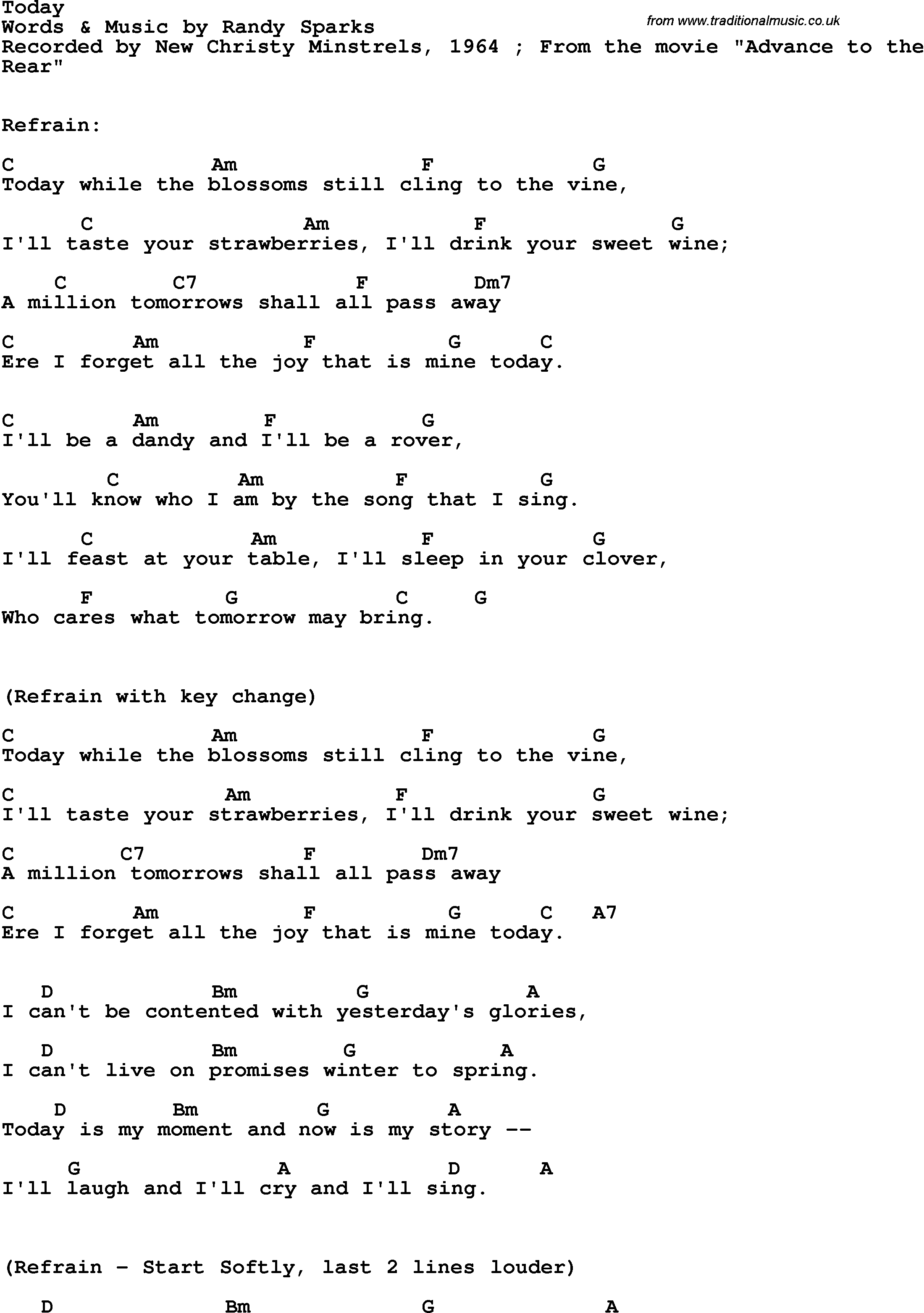 Song Lyrics with guitar chords for Today - The New Christy Minstrels, 1964