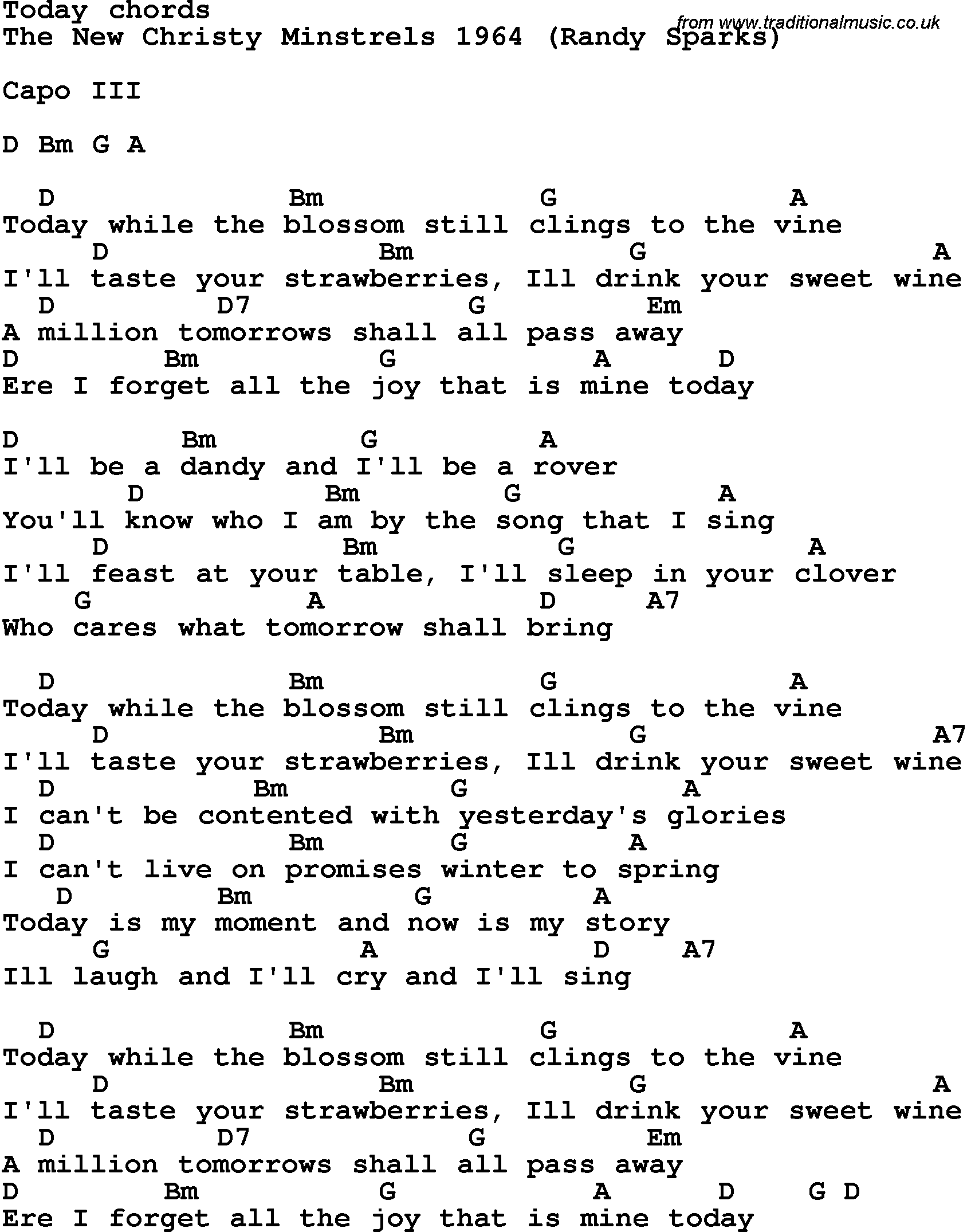 Song Lyrics with guitar chords for Today - The New Christy Minstrels 1964