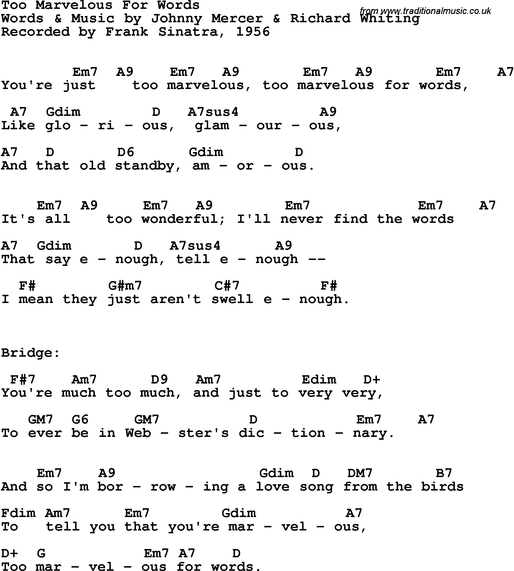 Song Lyrics with guitar chords for Too Marvelous For Words - Frank Sinatra, 1956