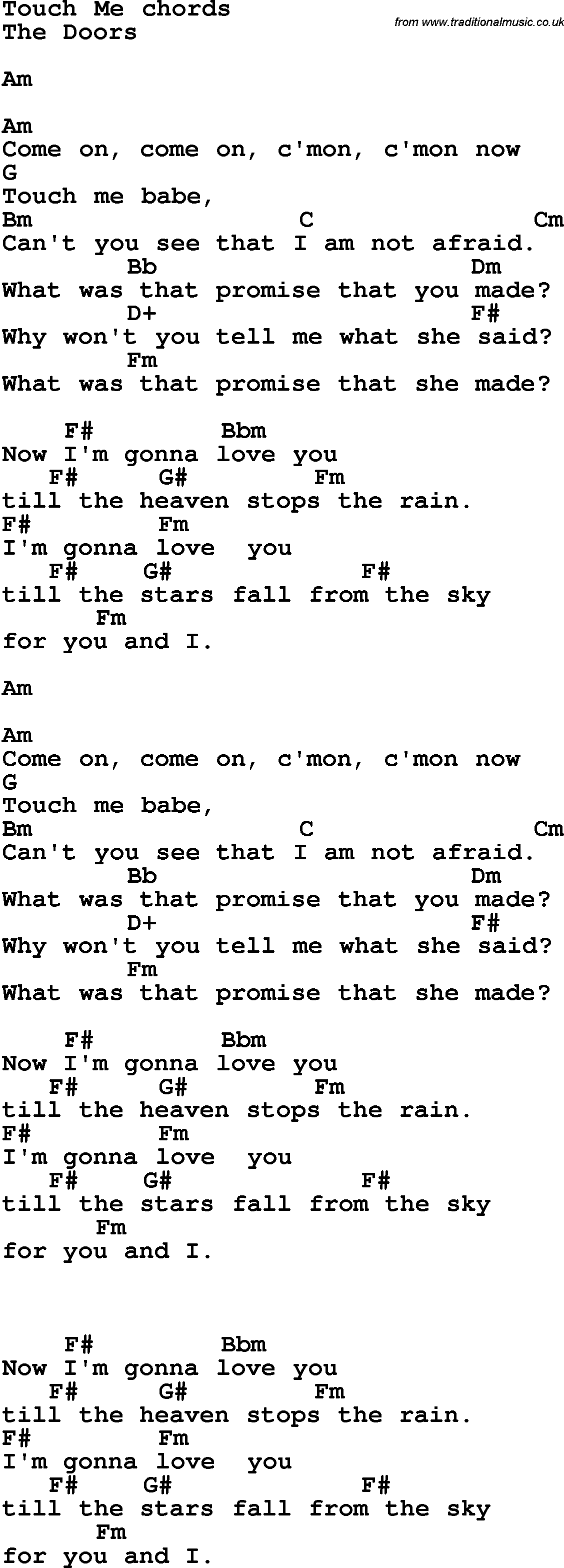 Song Lyrics with guitar chords for Touch Me