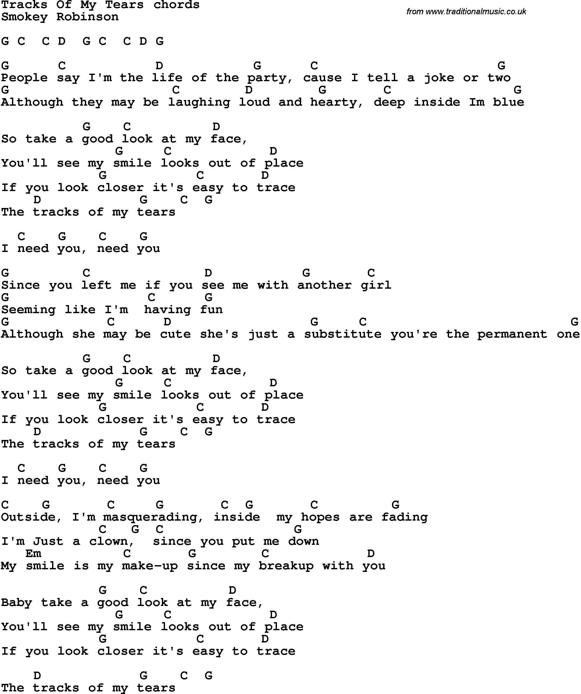 Song Lyrics with guitar chords for Tracks Of My Tears