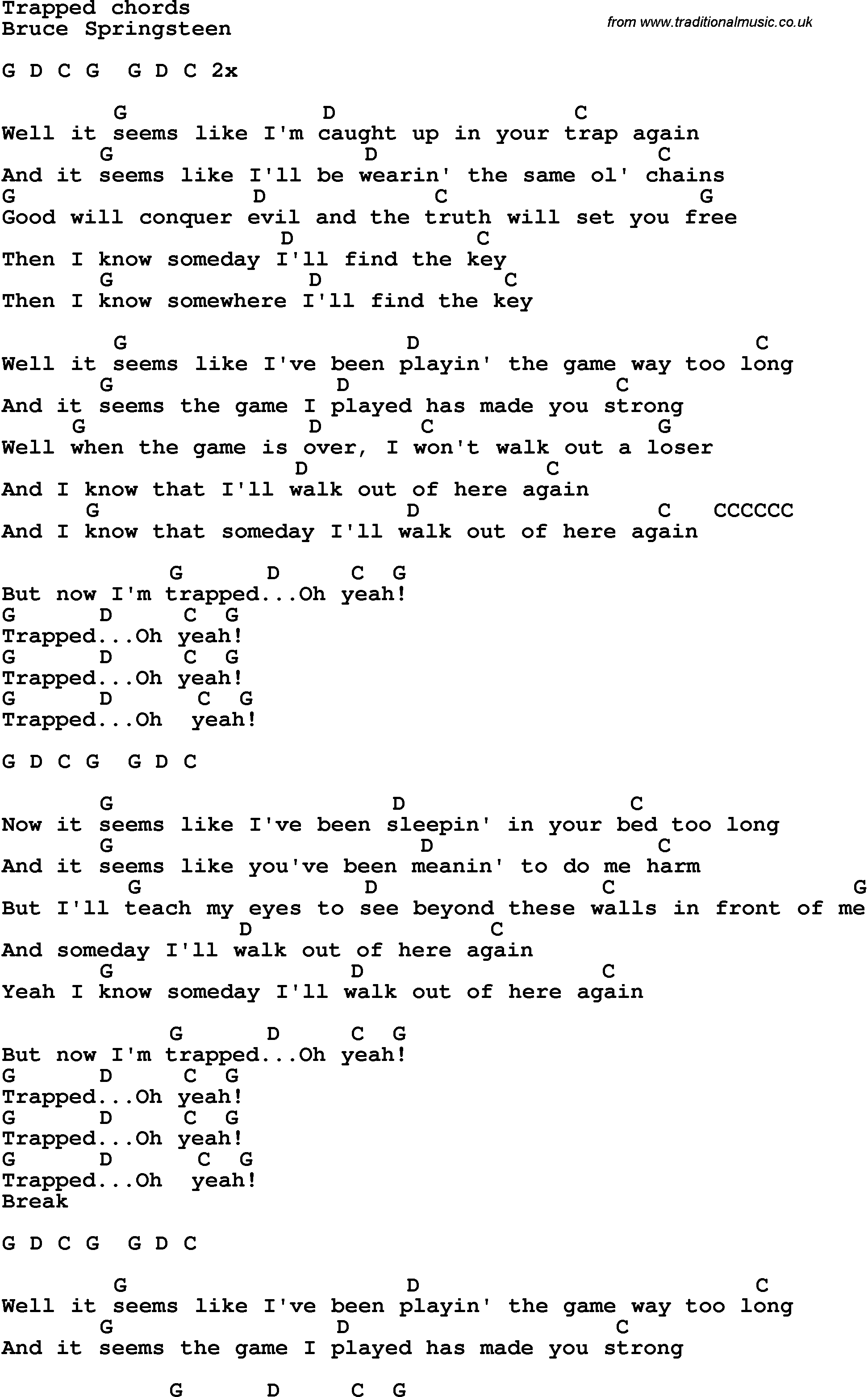 Song Lyrics with guitar chords for Trapped