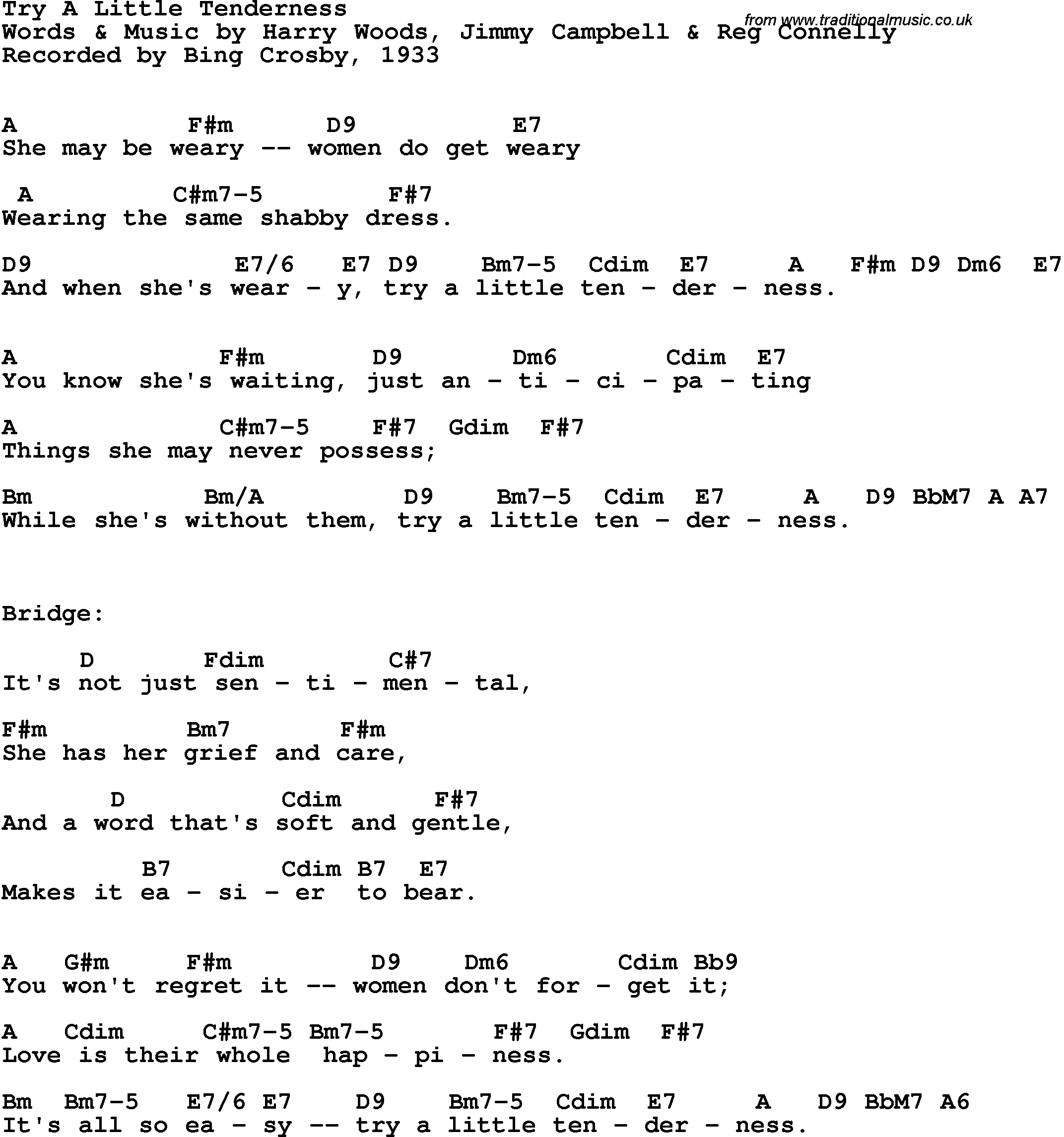 Song Lyrics with guitar chords for Try A Little Tenderness - Bing Crosby, 1933