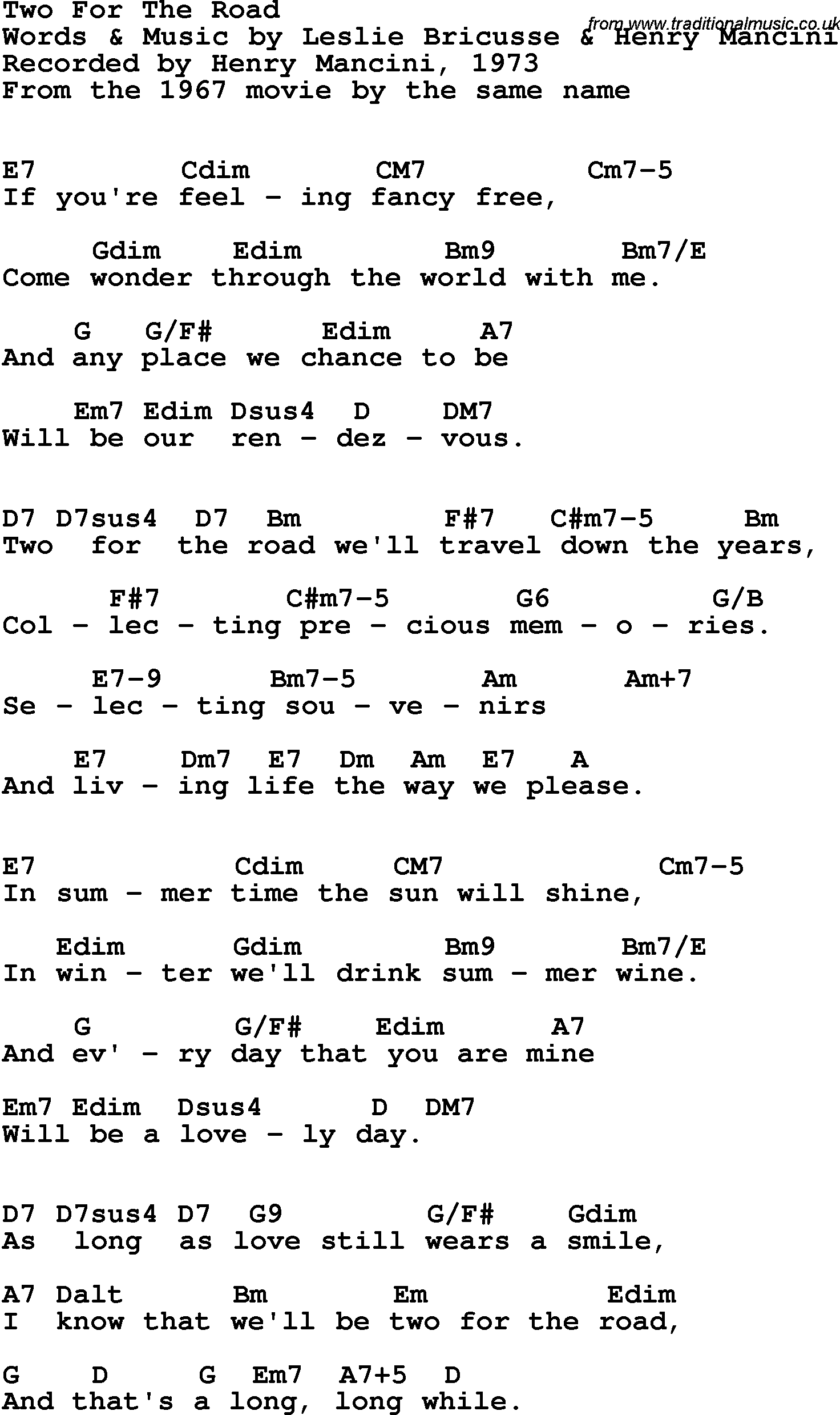 Song Lyrics with guitar chords for Two For The Road - Henry Mancini, 1973