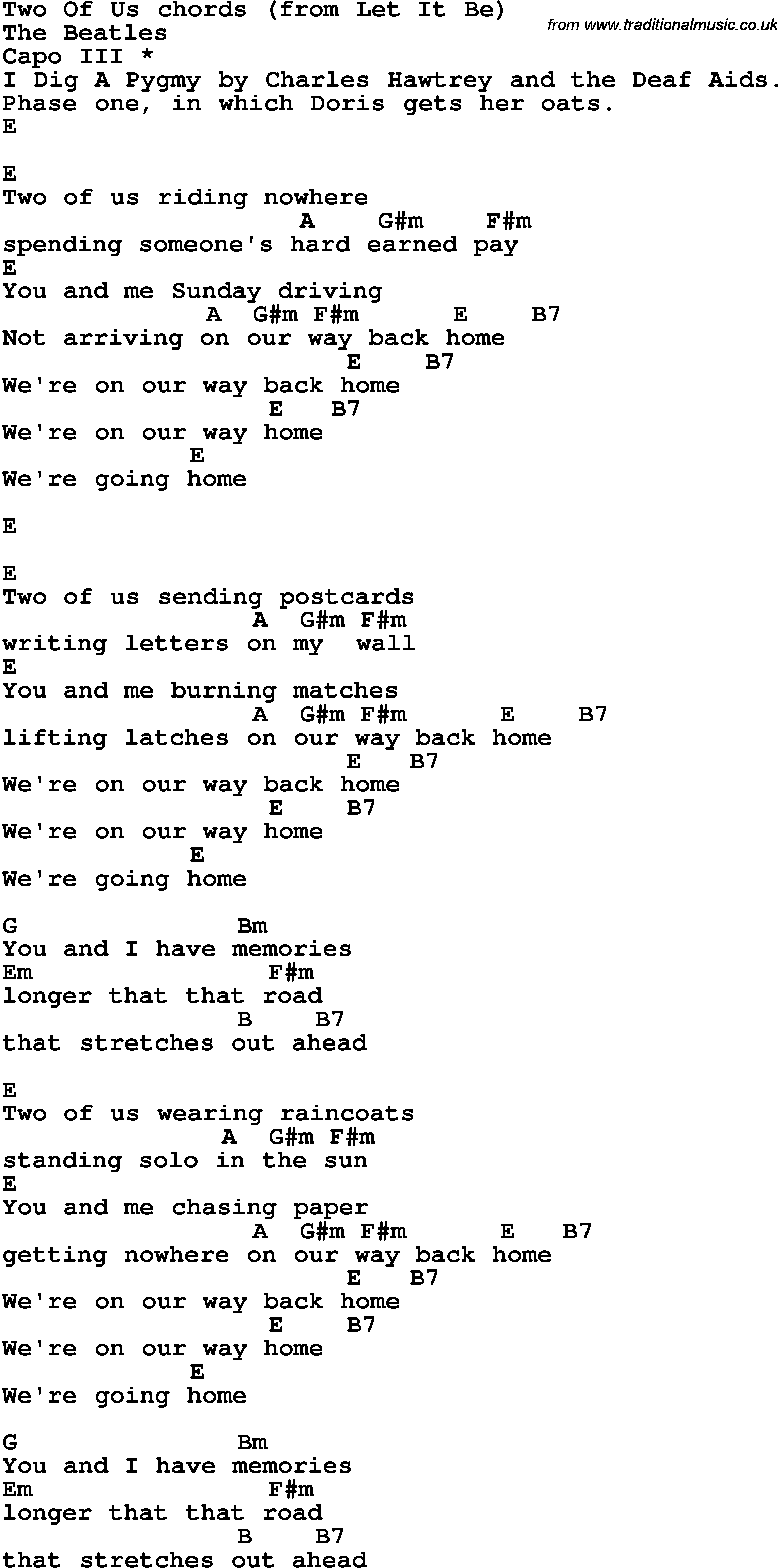 Song lyrics with guitar chords for Two Of Us