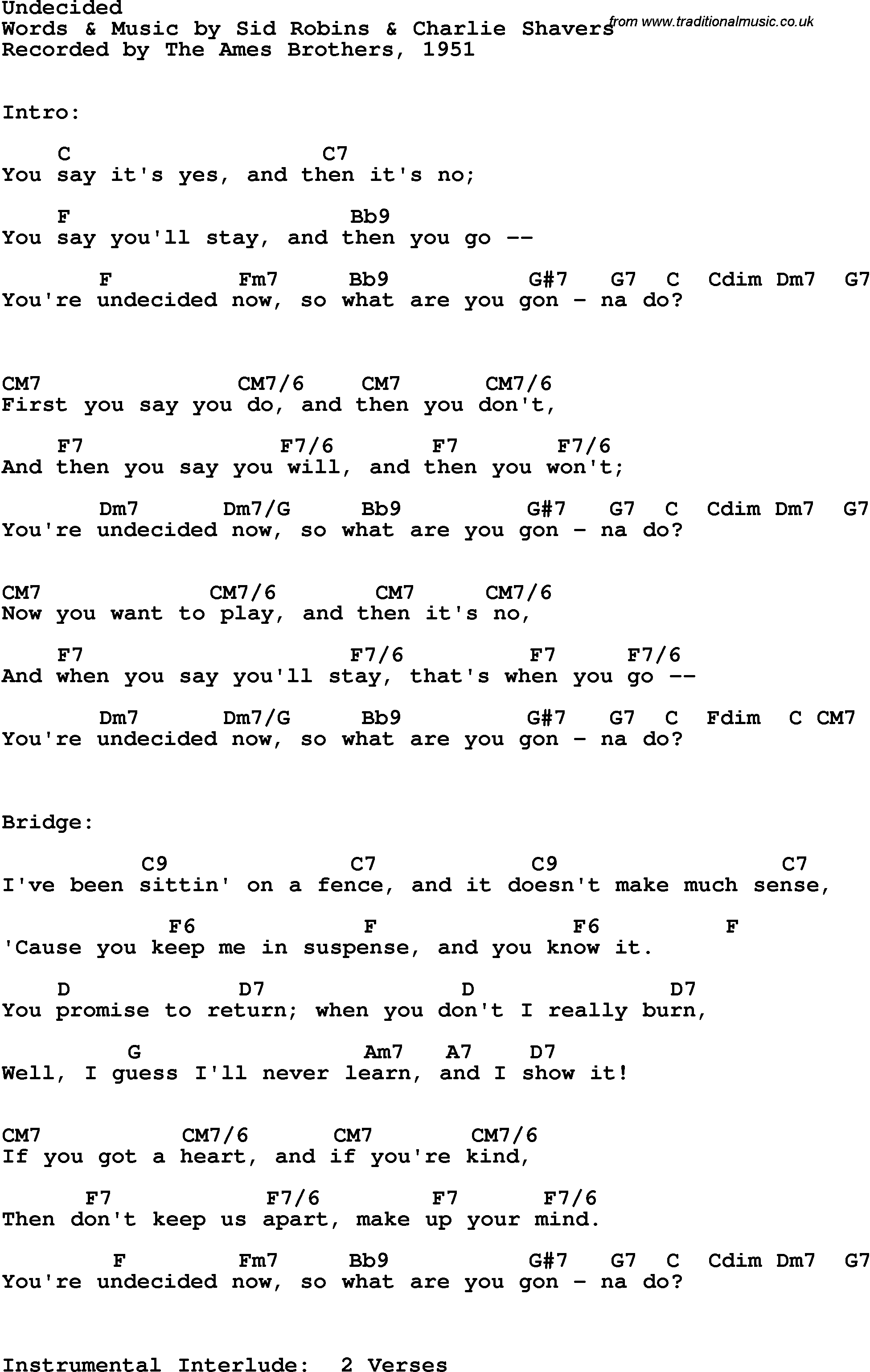 Song Lyrics with guitar chords for Undecided - The Ames Brothers, 1951