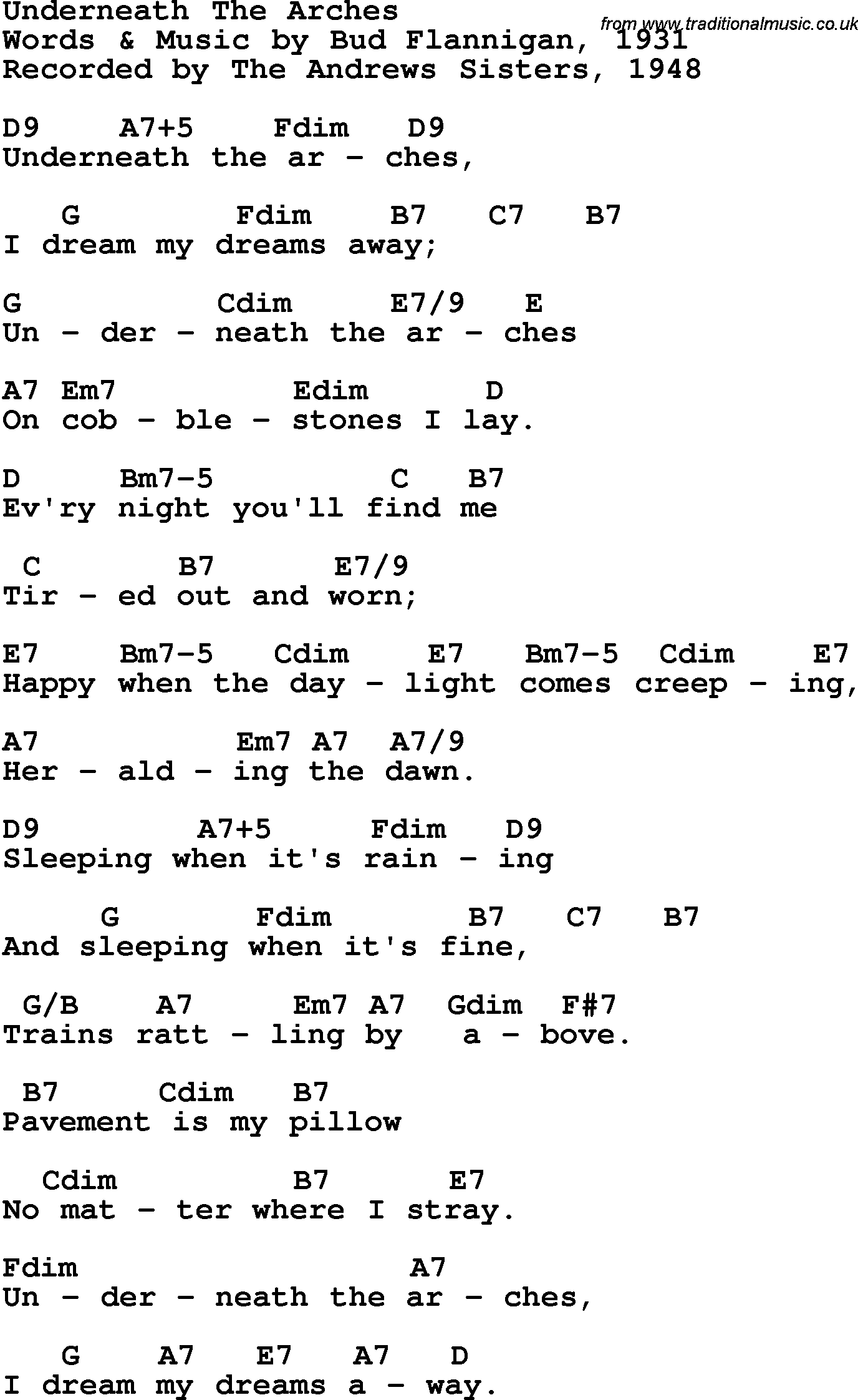 Song Lyrics with guitar chords for Underneath The Arches - The Andrews Sisters, 1948