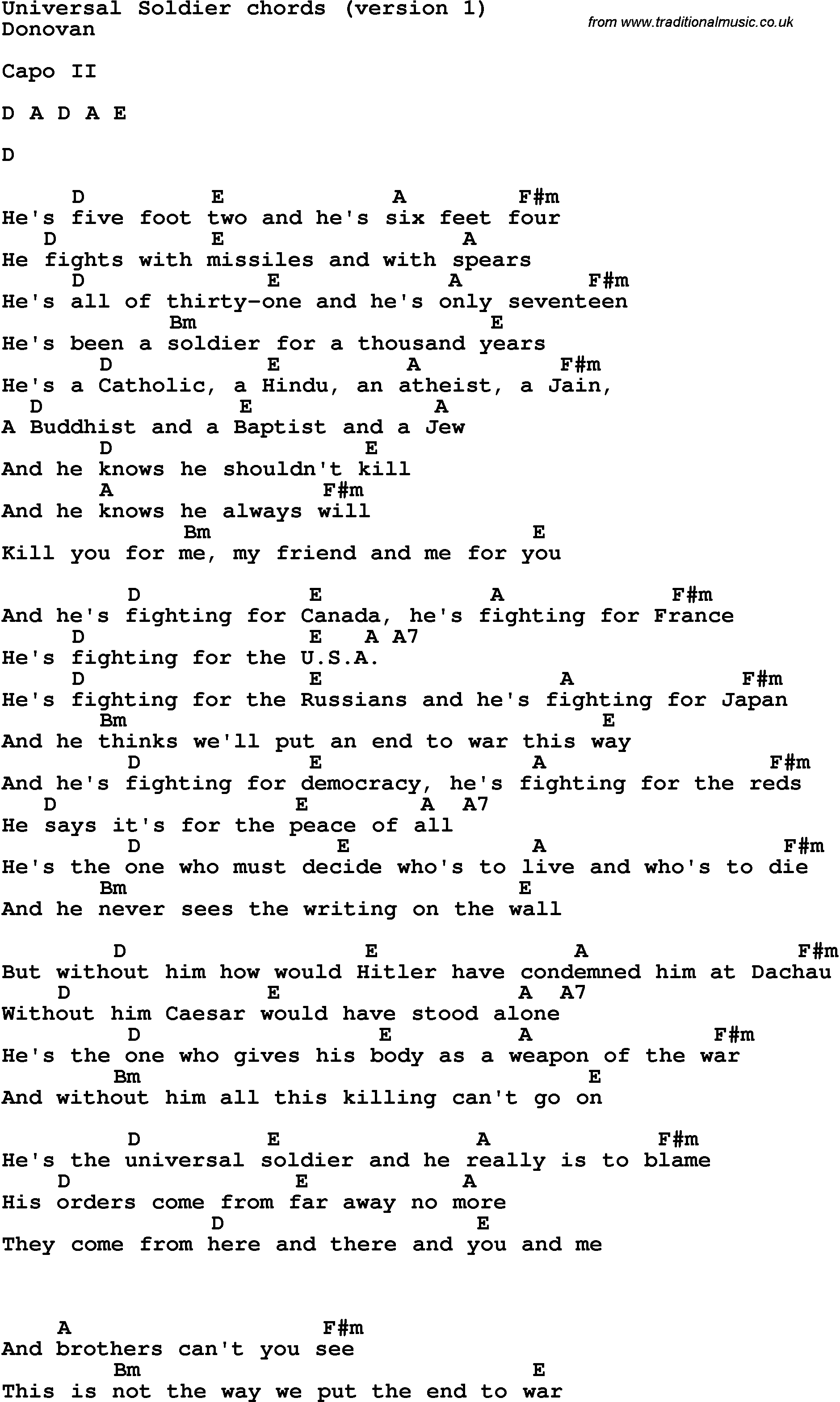 Song Lyrics with guitar chords for Universal Soldier