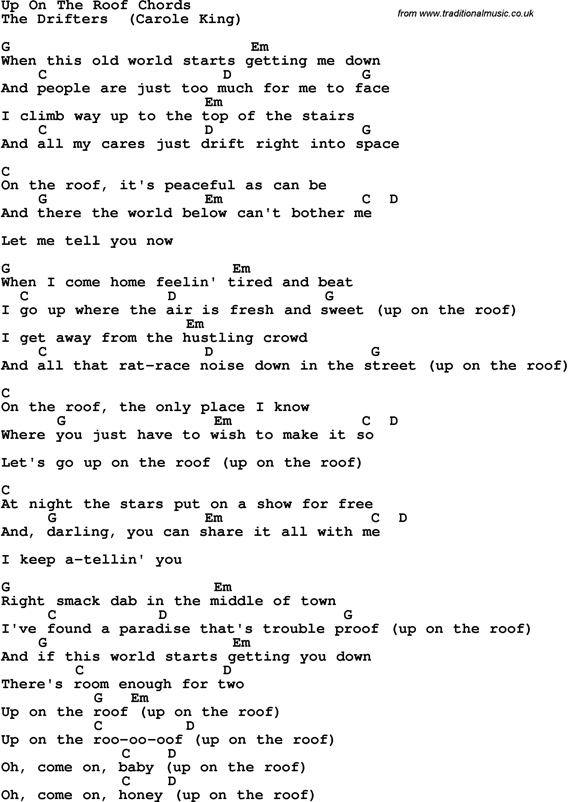 Song Lyrics with guitar chords for Up On The Roof