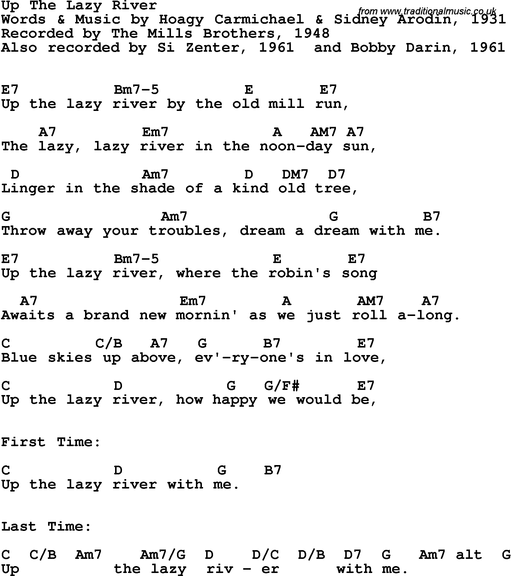 Song Lyrics with guitar chords for Up The Lazy River - The Mills Brothers, 1948
