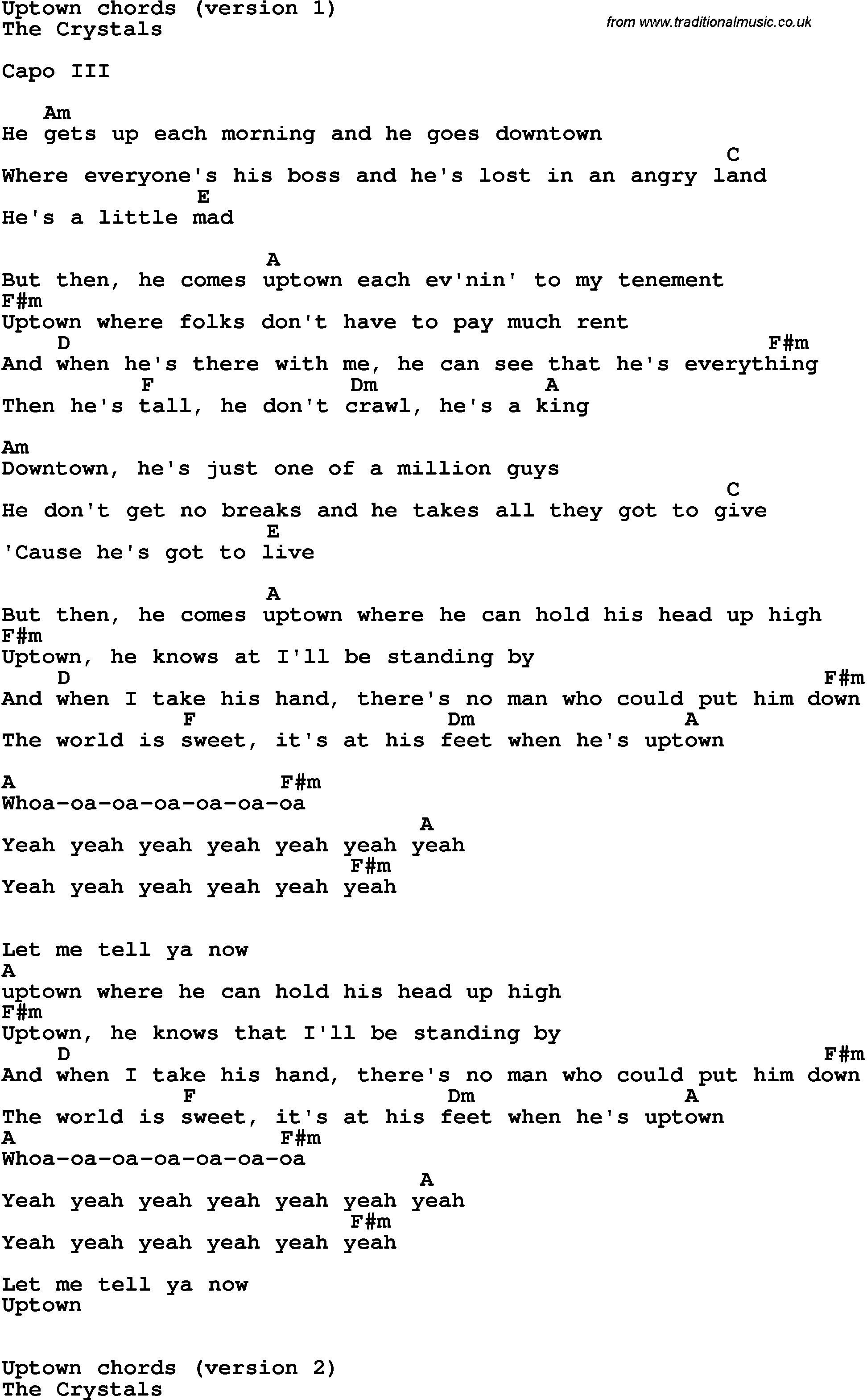 Song Lyrics with guitar chords for Uptown