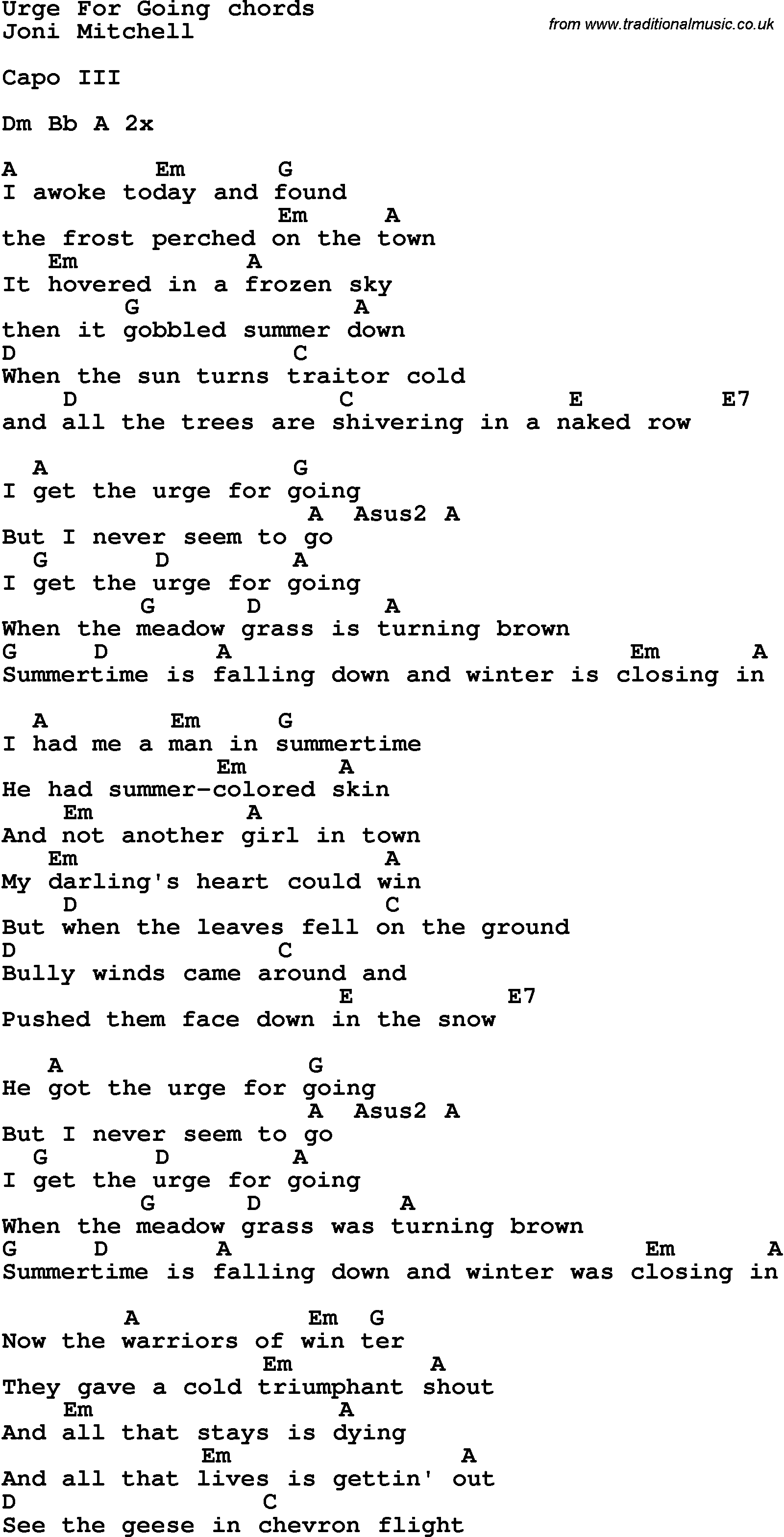 Song Lyrics with guitar chords for Urge For Going