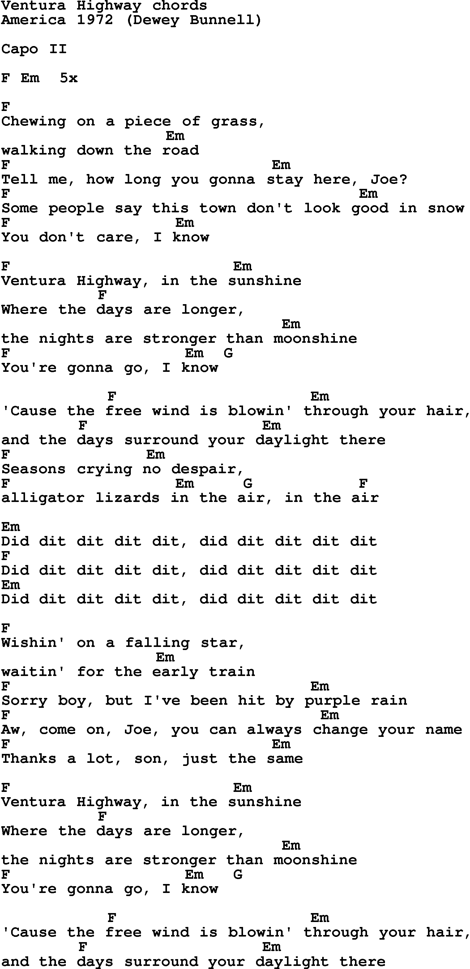 Song Lyrics with guitar chords for Ventura Highway