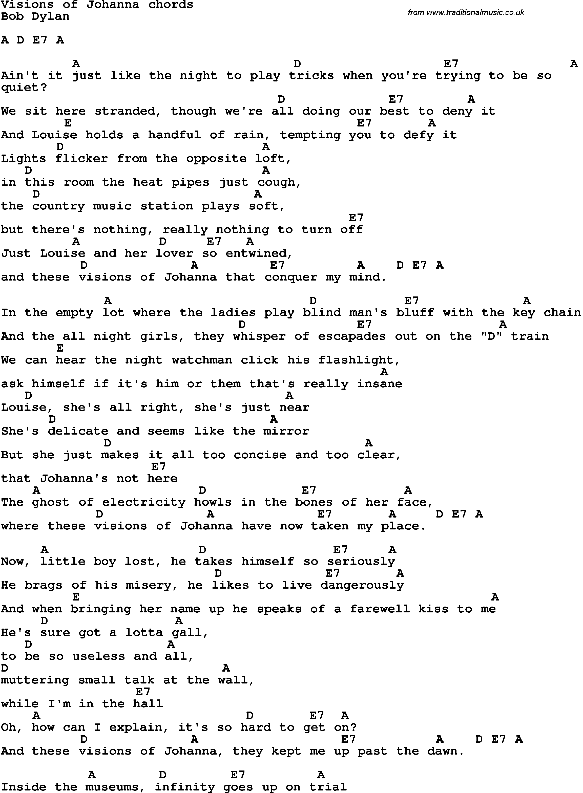 Song Lyrics with guitar chords for Visions Of Johanna