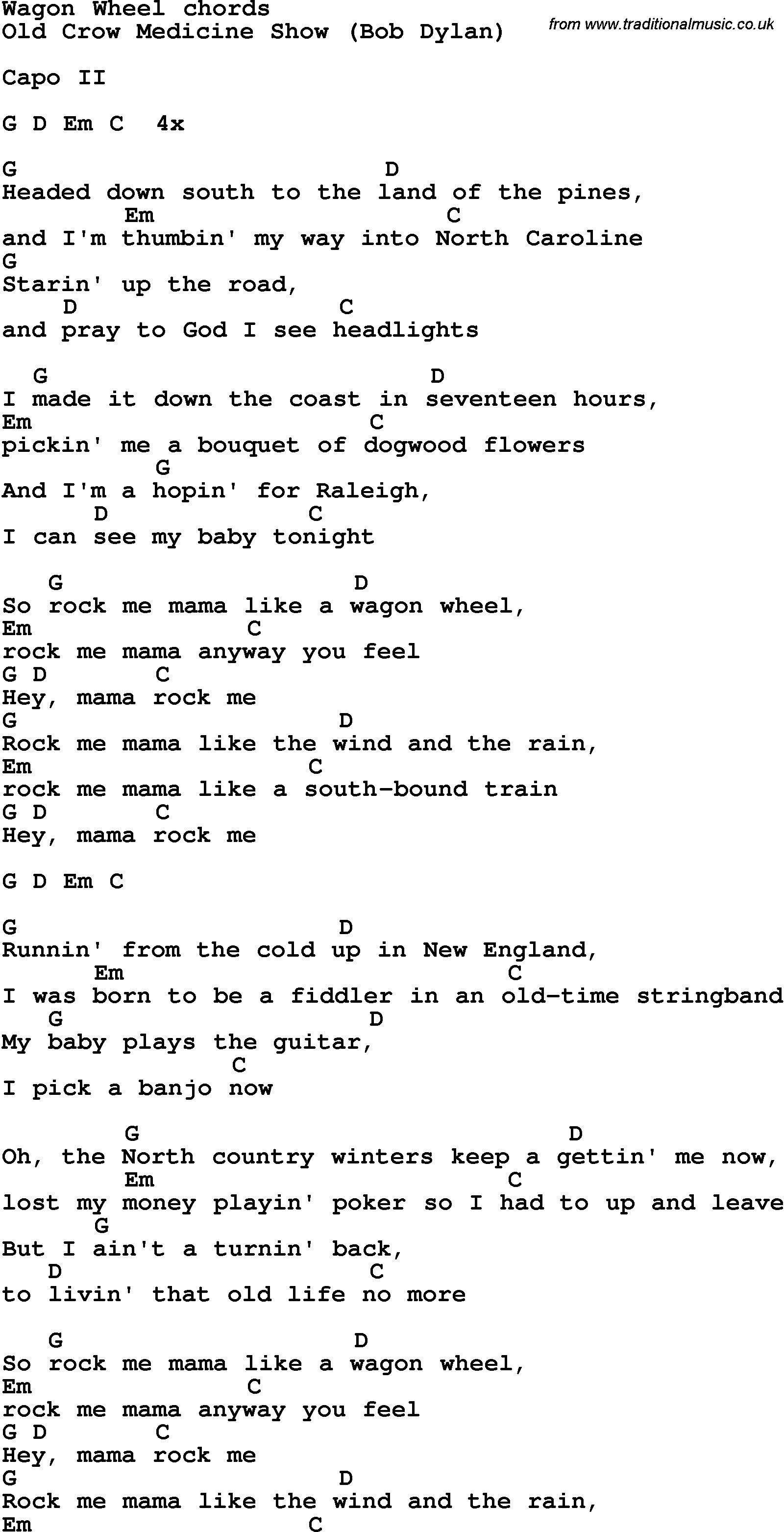 Song Lyrics with guitar chords for Wagon Wheel