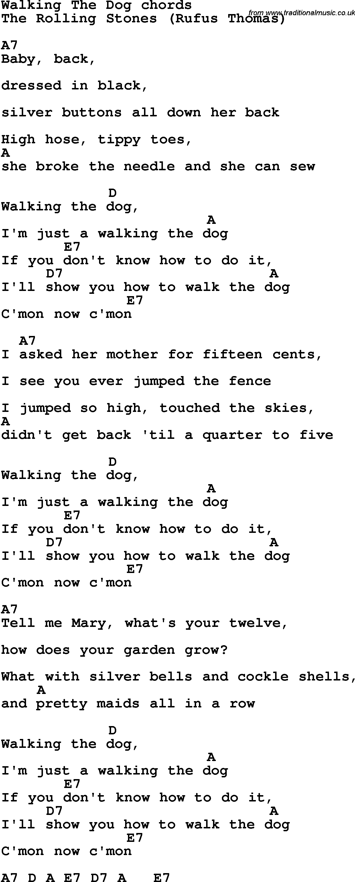Song Lyrics with guitar chords for Walking The Dog