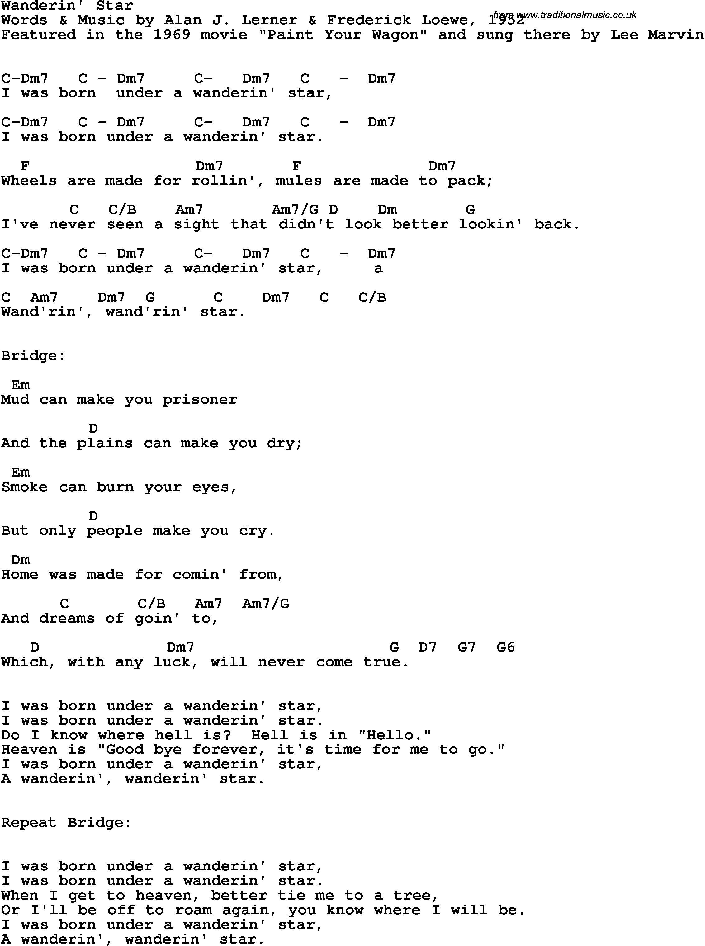 Song Lyrics with guitar chords for Wanderin' Star - Lee Marvin, 1969