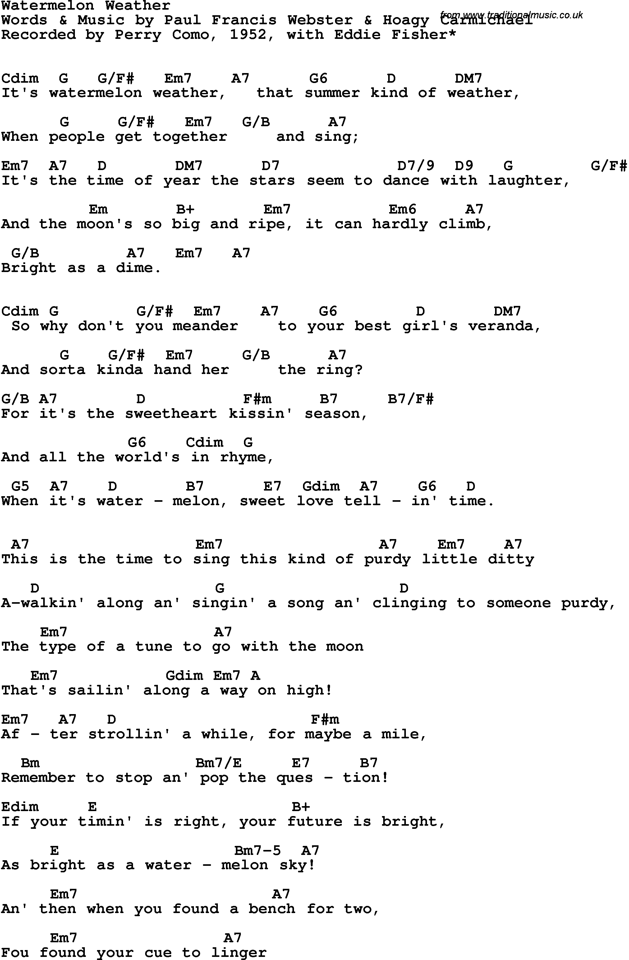 Song Lyrics with guitar chords for Watermelon Weather - Perry Como, 1952, With Eddie Fisher