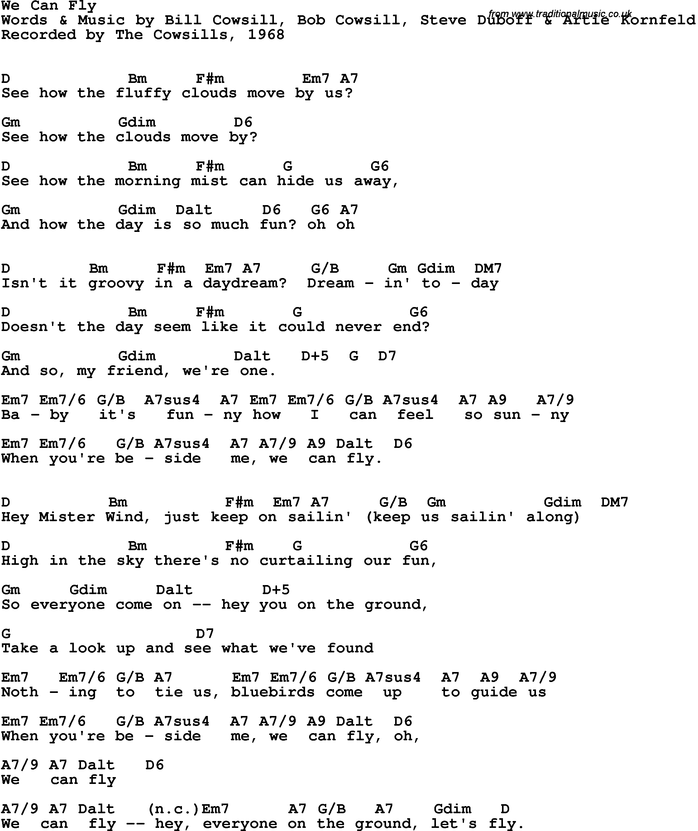 Song Lyrics with guitar chords for We Can Fly - The Cowsills, 1968