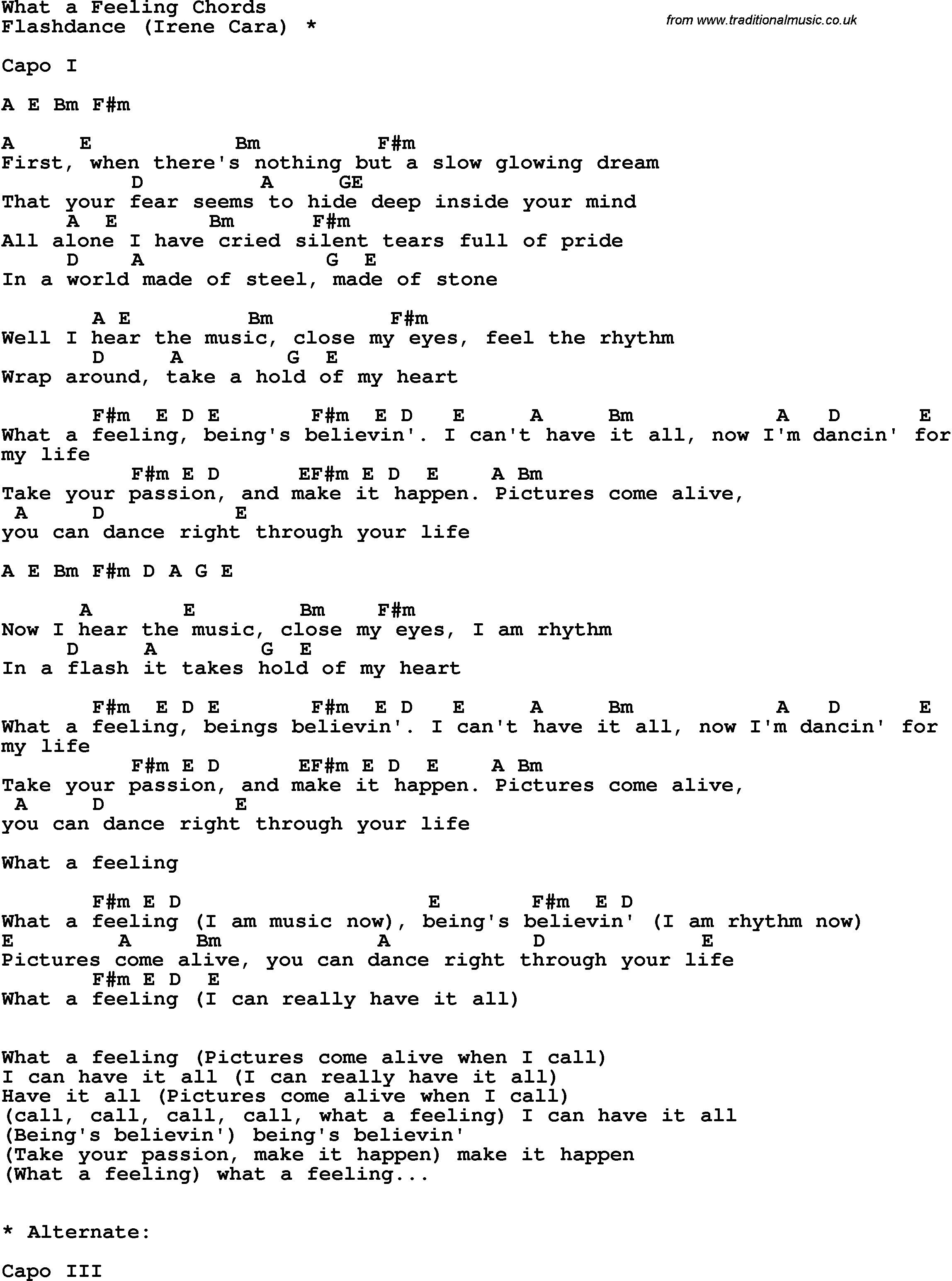 Song Lyrics with guitar chords for What A Feeling