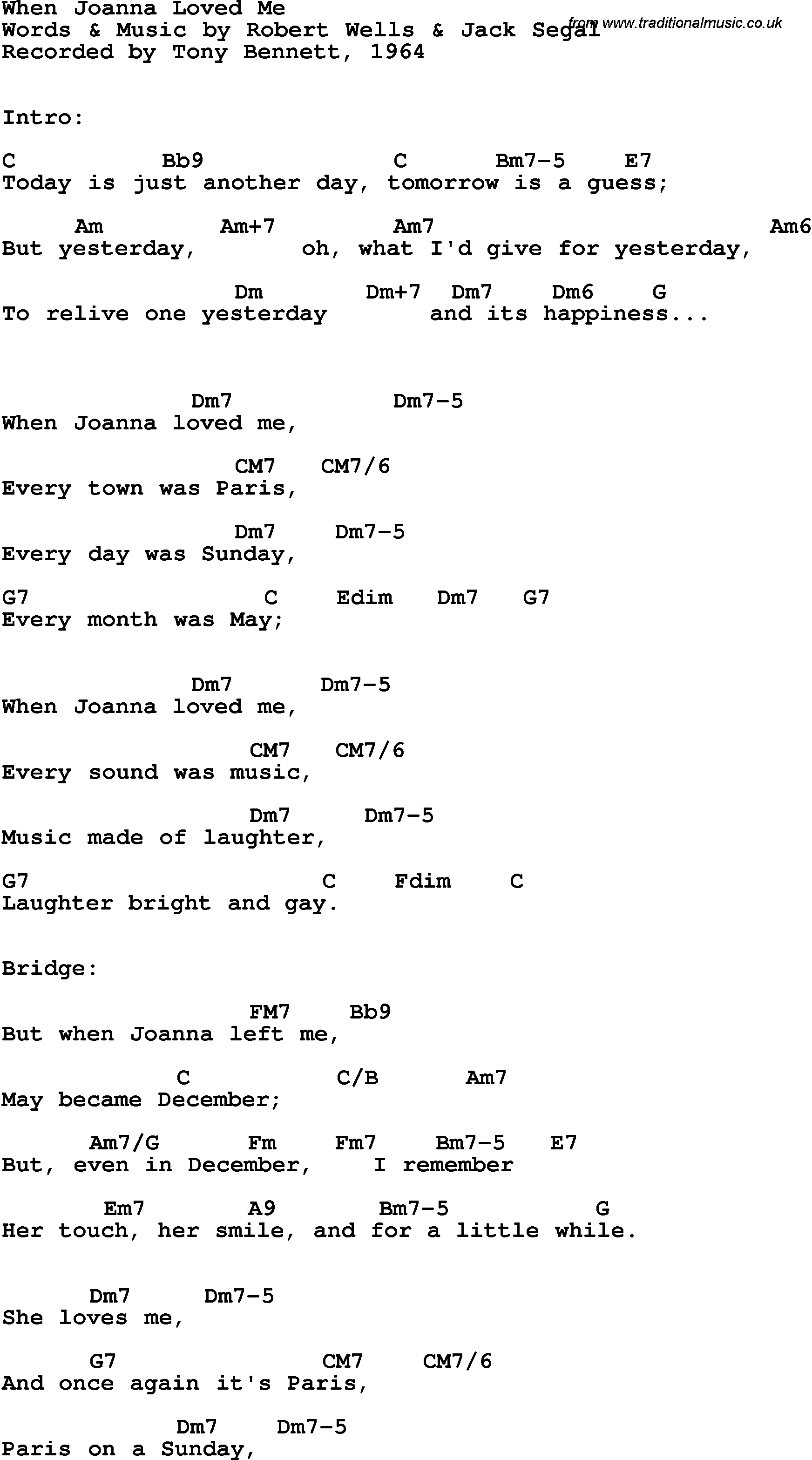 Song Lyrics with guitar chords for When Joanna Loved Me - Tony Bennett, 1964
