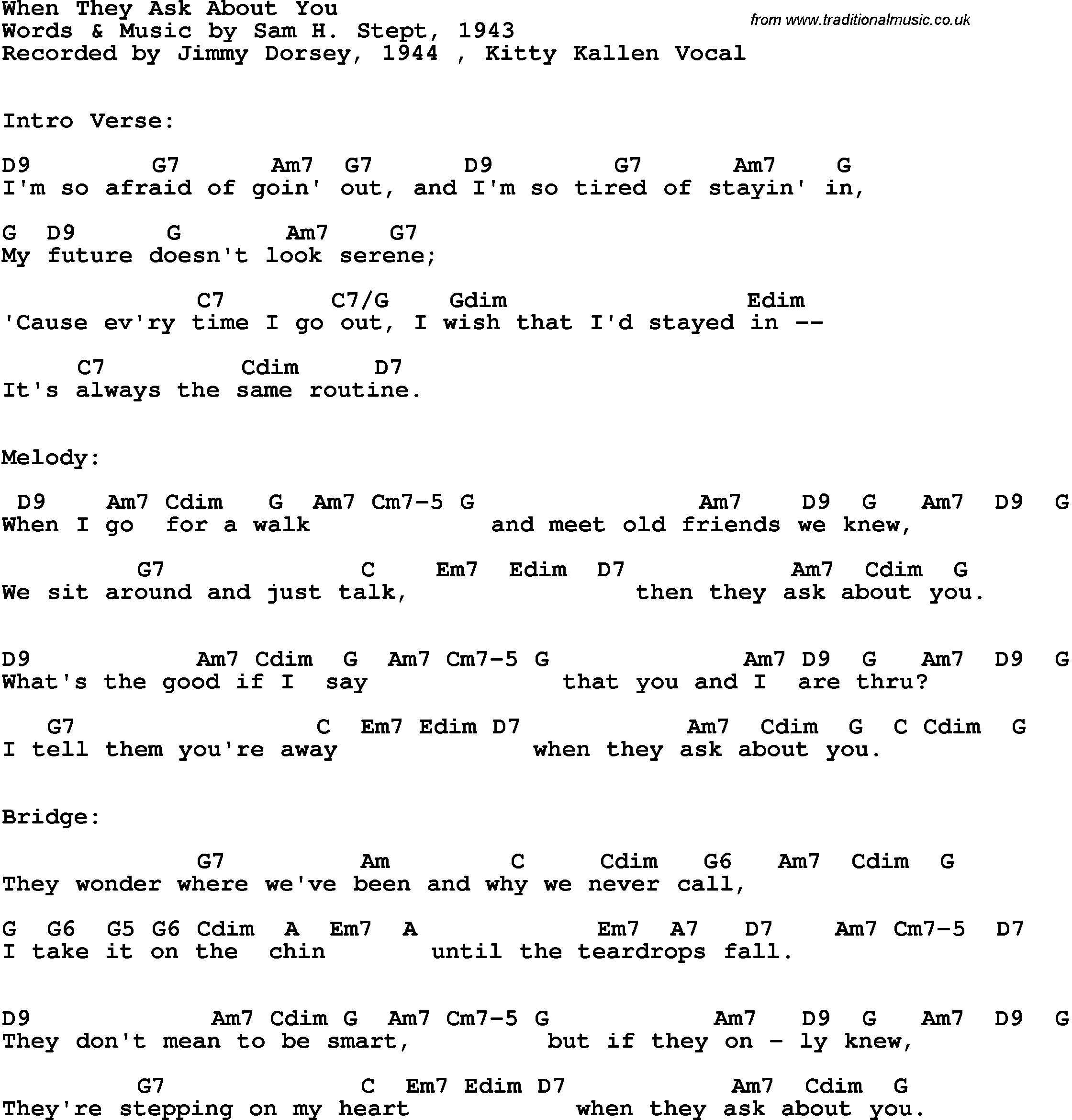 Song Lyrics with guitar chords for When They Ask About You - Jimmy Dorsey, 1944, Kitty Kallen Vocal