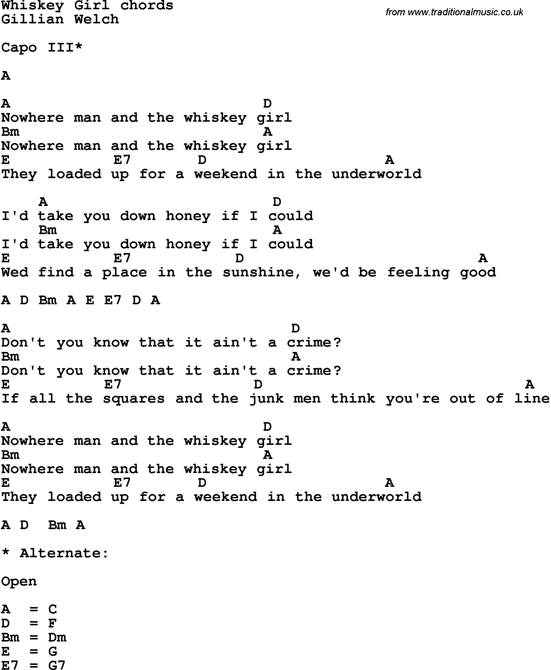Song Lyrics with guitar chords for Whiskey Girl