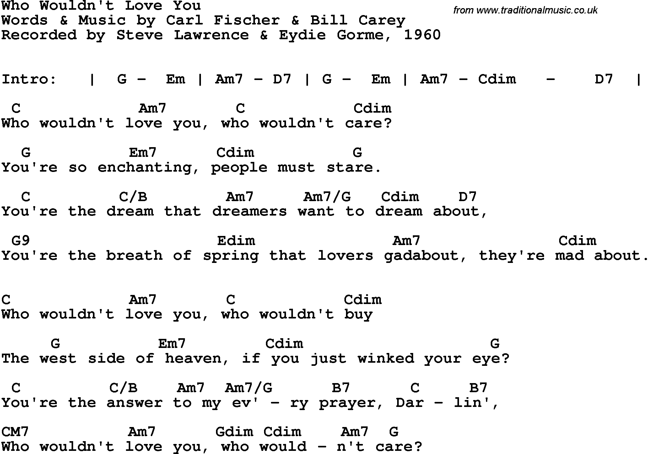 Song Lyrics with guitar chords for Who Wouldn't Love You - Steve Lawrence & Eydie Gorme, 1960