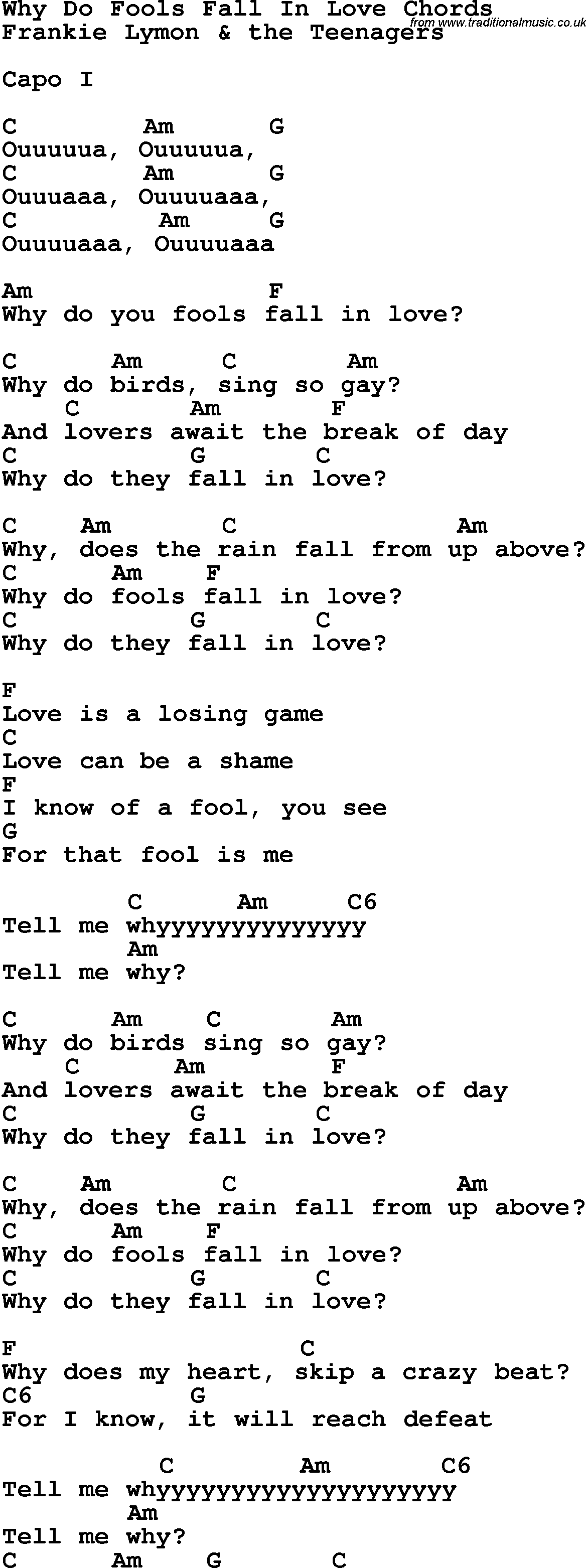 Song Lyrics with guitar chords for Why Do Fools Fall In Love I