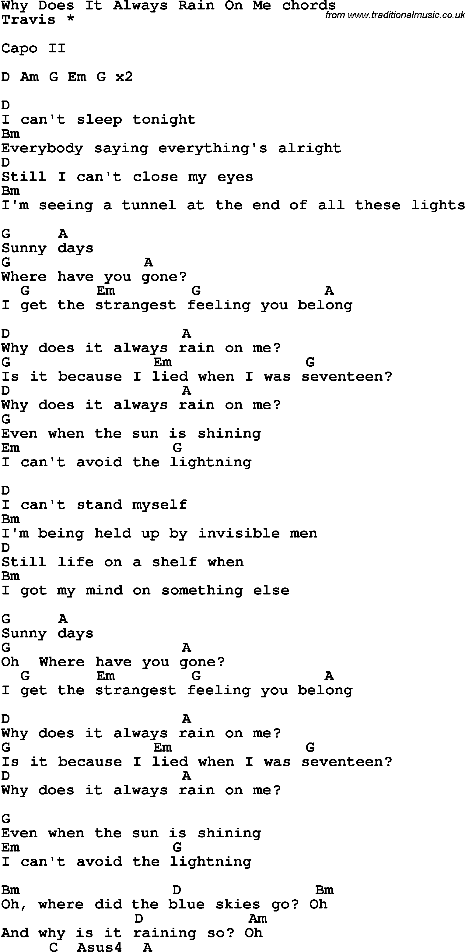 Song lyrics with guitar chords for Why Does It Always Rain On Me