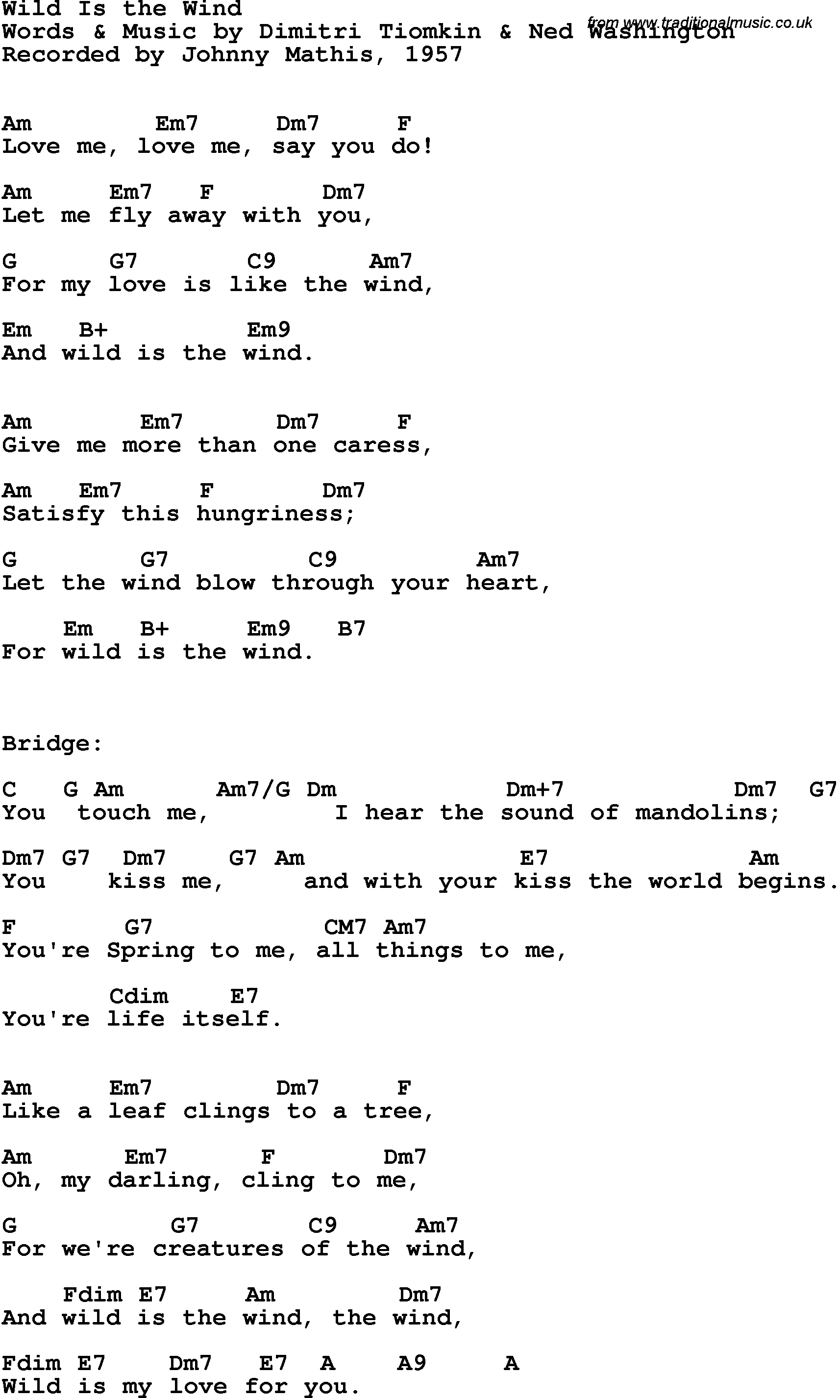 Song Lyrics with guitar chords for Wild Is The Wind - Johnny Mathis, 1957