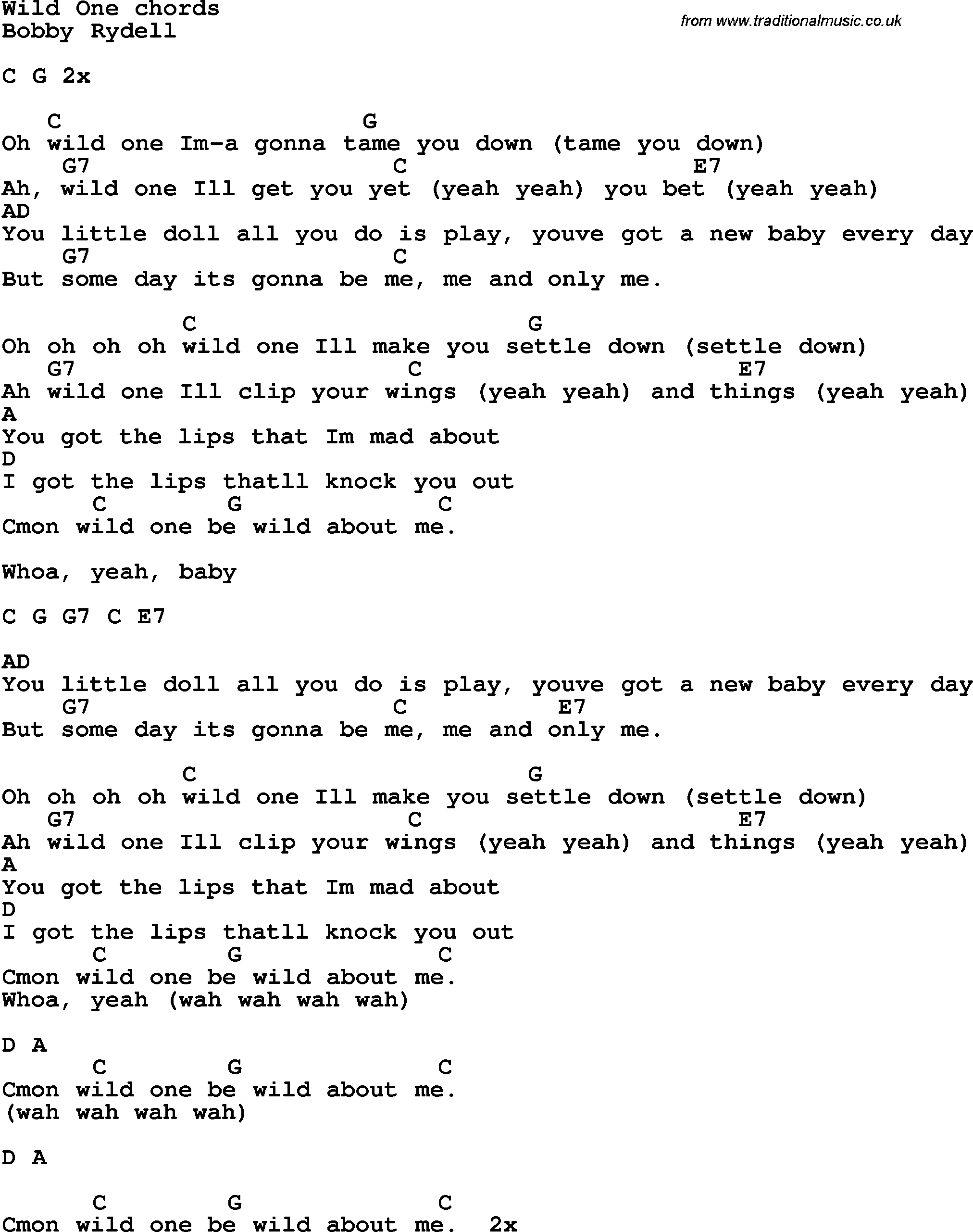 Song Lyrics with guitar chords for Wild One