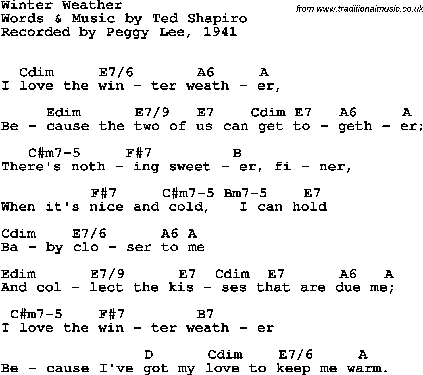 Song Lyrics with guitar chords for Winter Weather - Peggy Lee, 1941