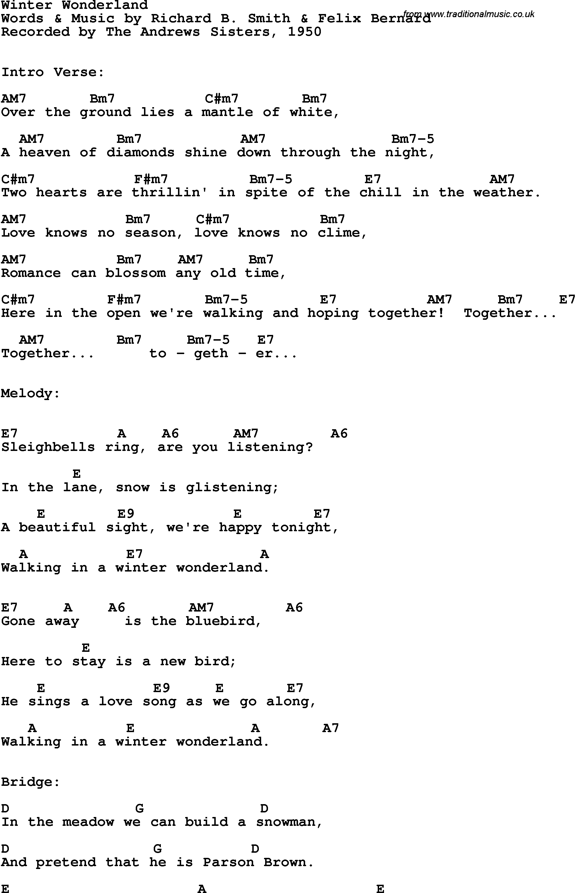 Song Lyrics with guitar chords for Winter Wonderland - The Andrews Sisters, 1950