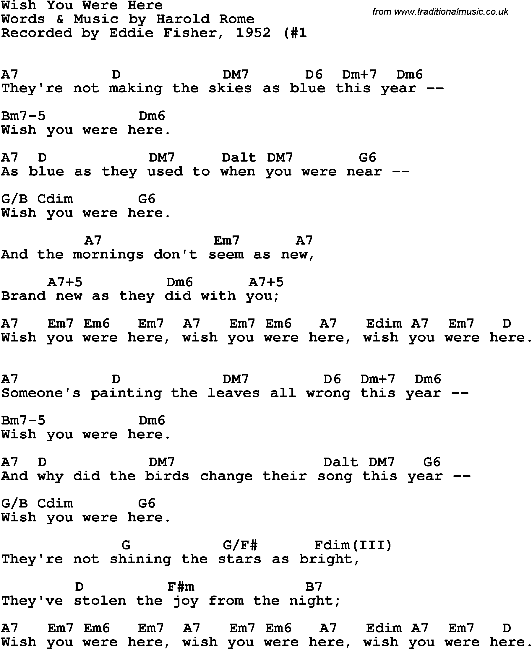 Song Lyrics with guitar chords for Wish You Were Here - Eddie Fisher, 1952