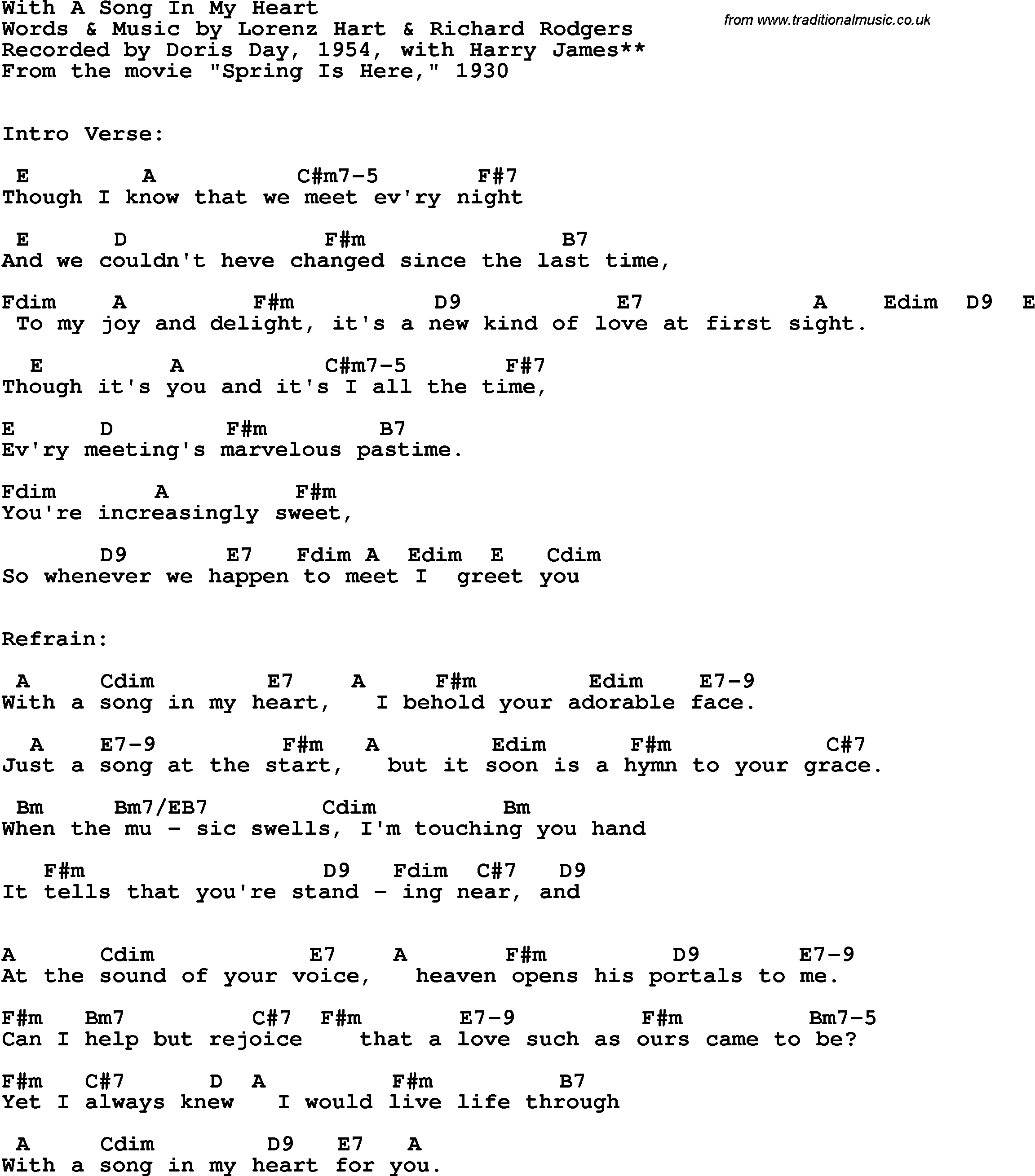Song Lyrics with guitar chords for With A Song In My Heart - Doris Day, 1954