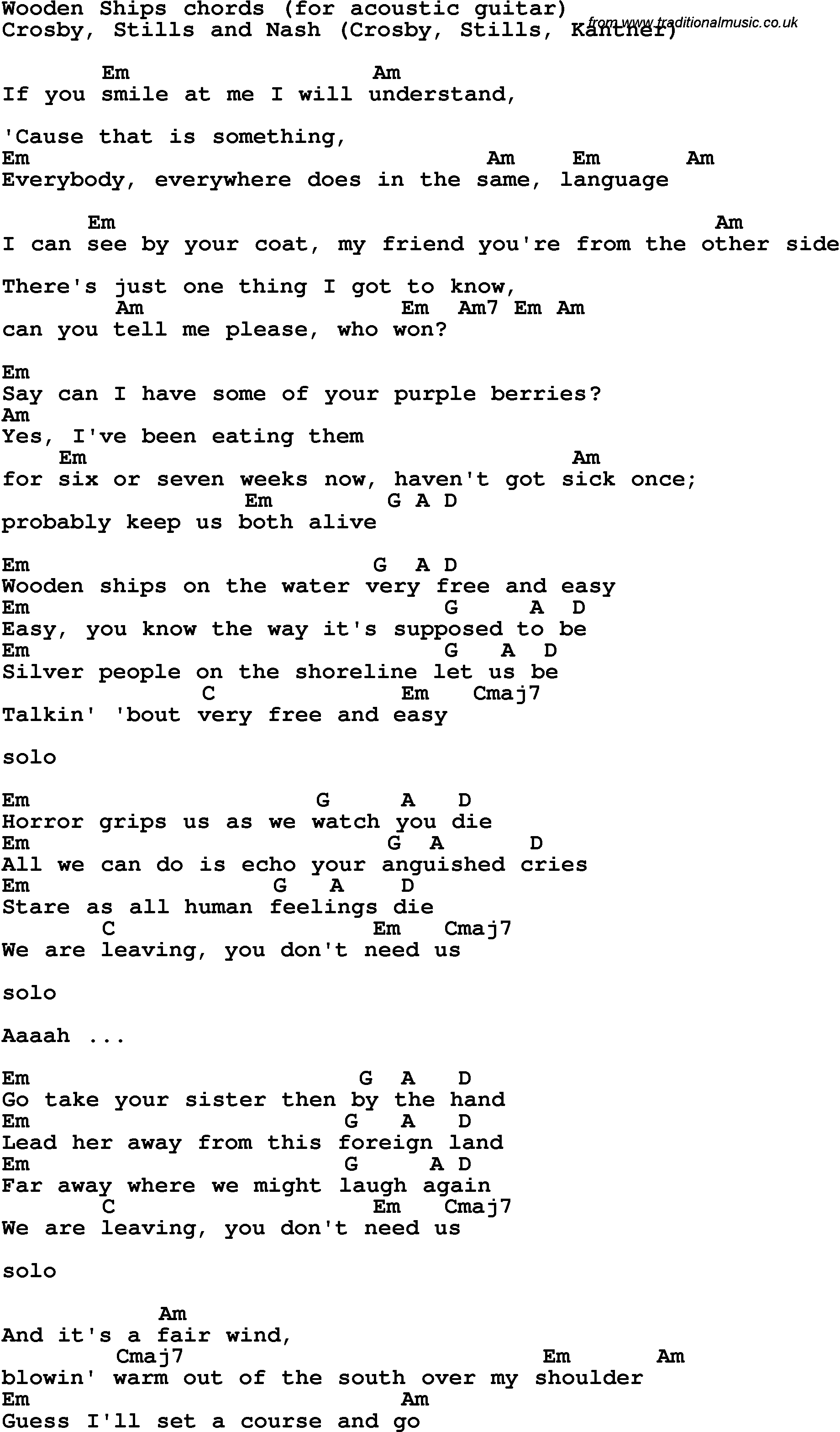 Song Lyrics with guitar chords for Wooden Ships