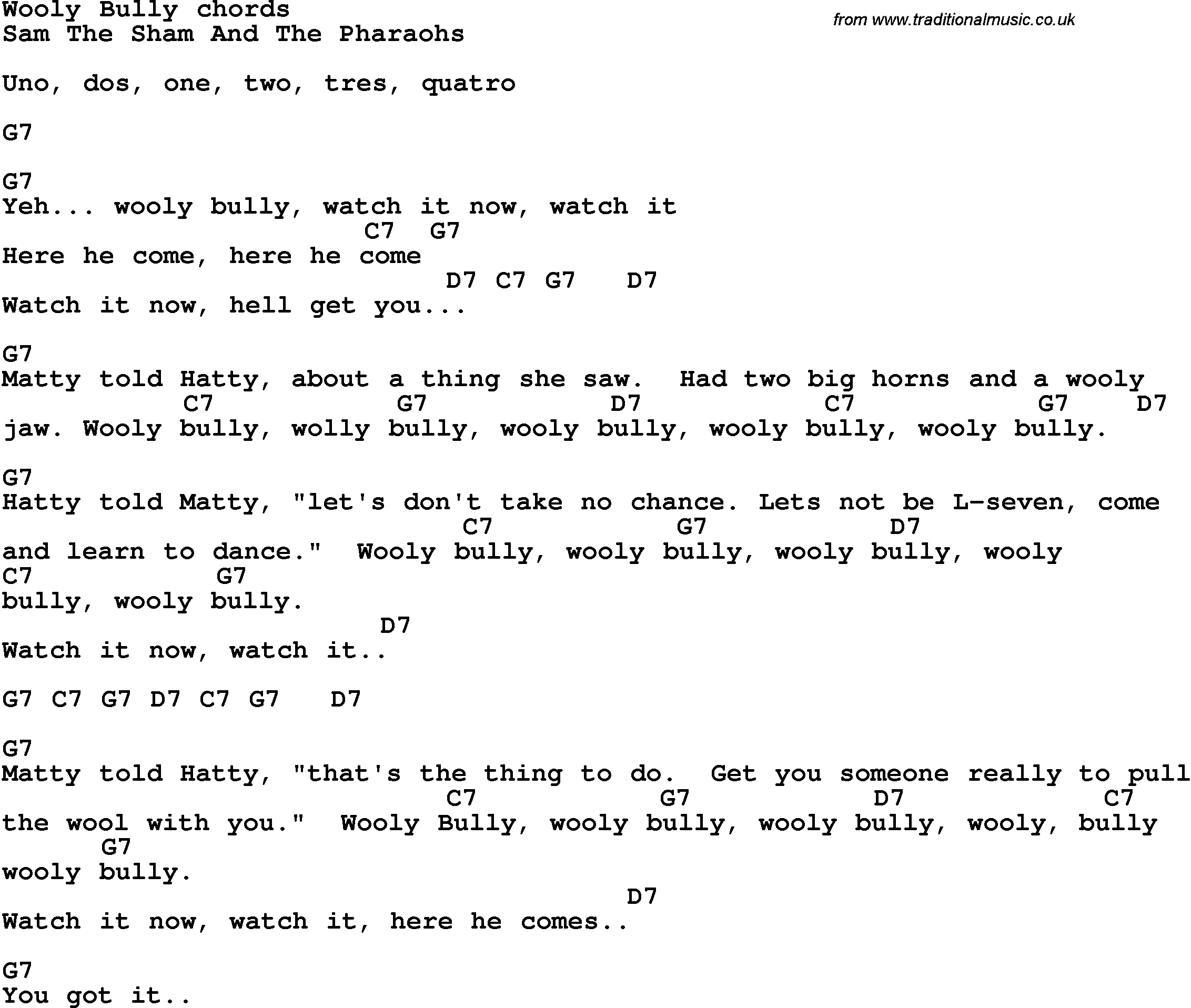Song Lyrics with guitar chords for Wooly Bully