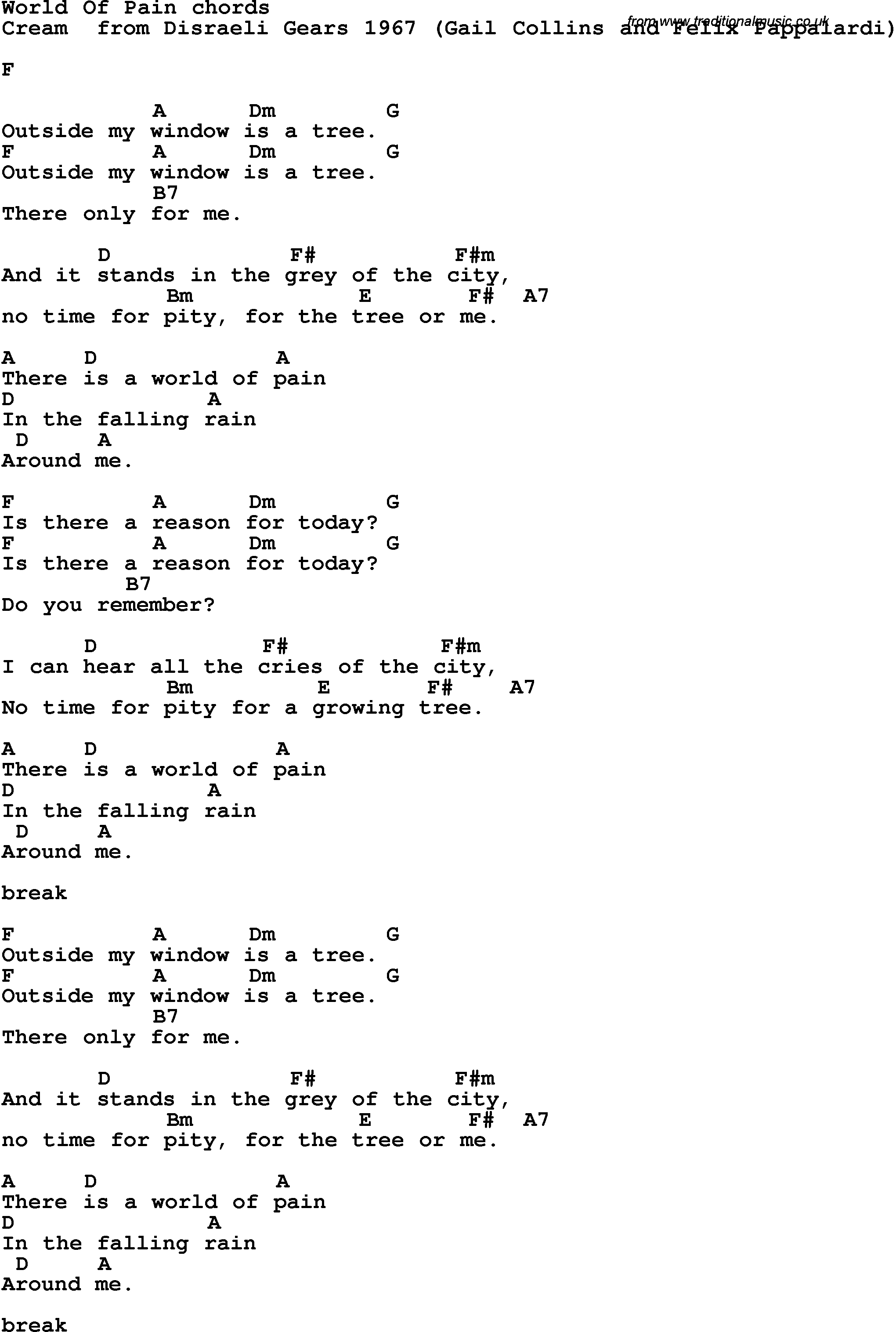 Song Lyrics with guitar chords for World Of Pain