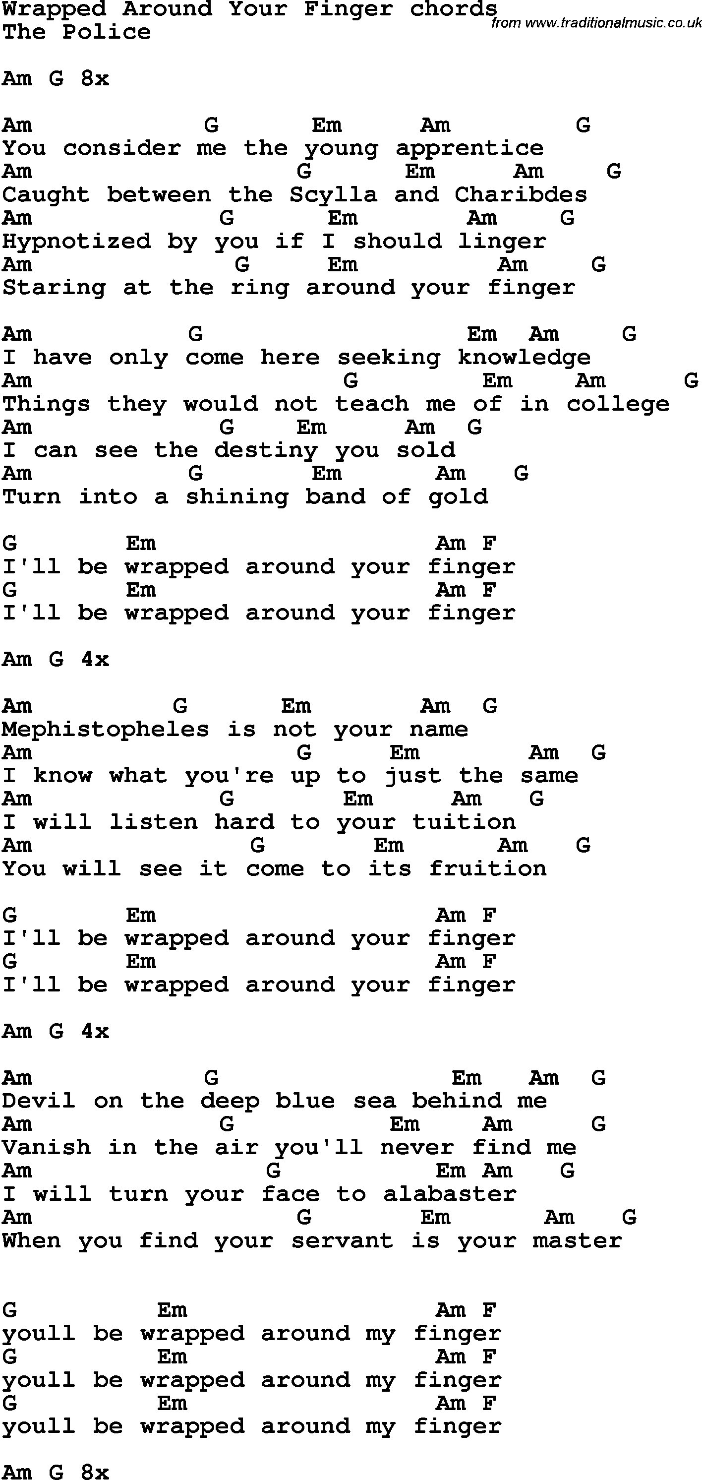 Song Lyrics with guitar chords for Wrapped Around Your Finger