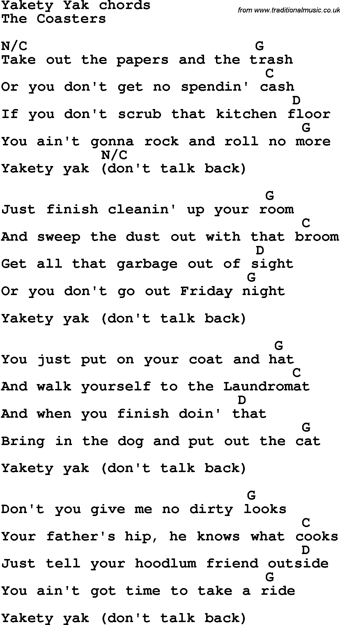 Song Lyrics with guitar chords for Yakety Yak