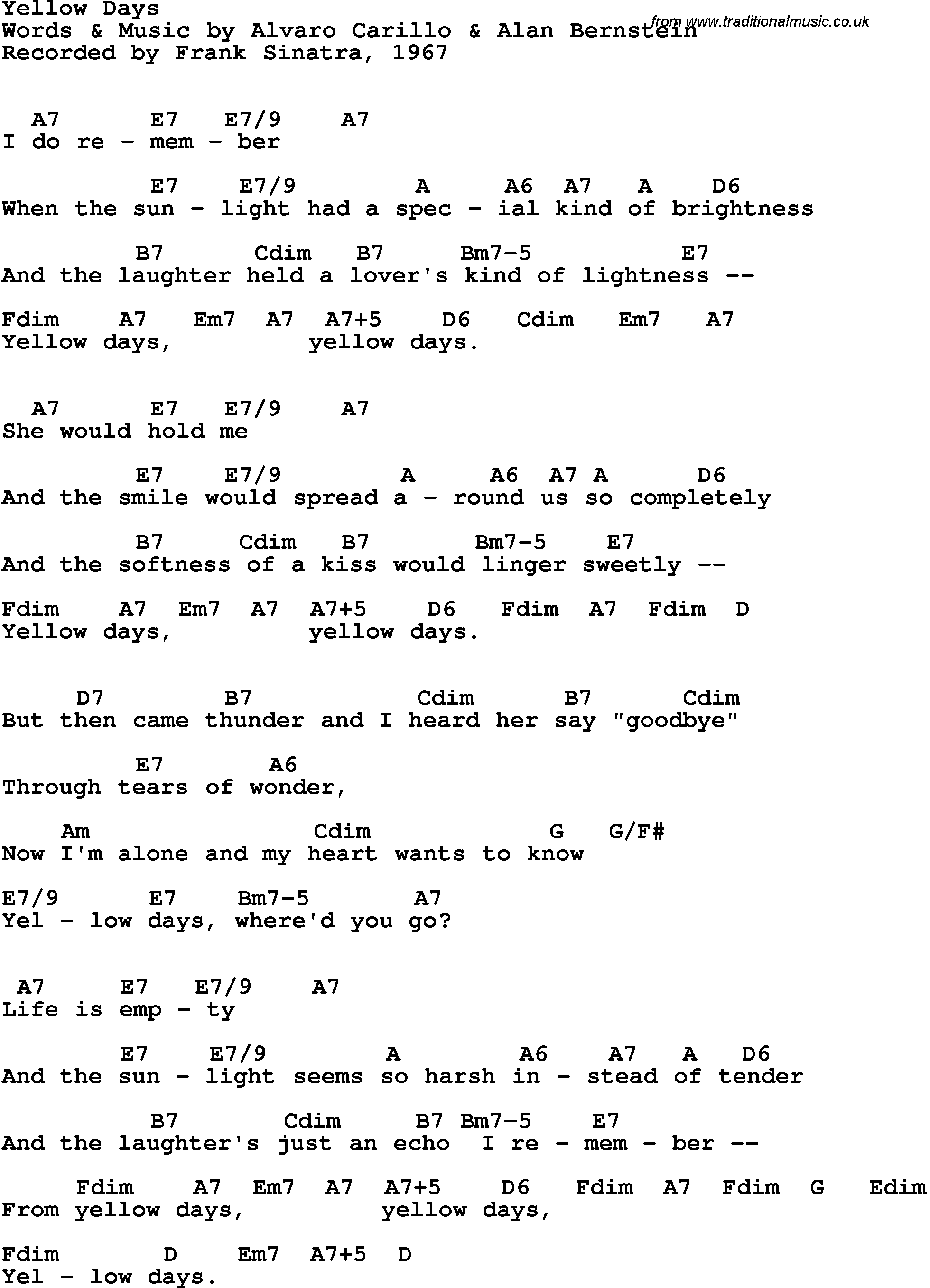 Song Lyrics with guitar chords for Yellow Days - Frank Sinatra, 1967