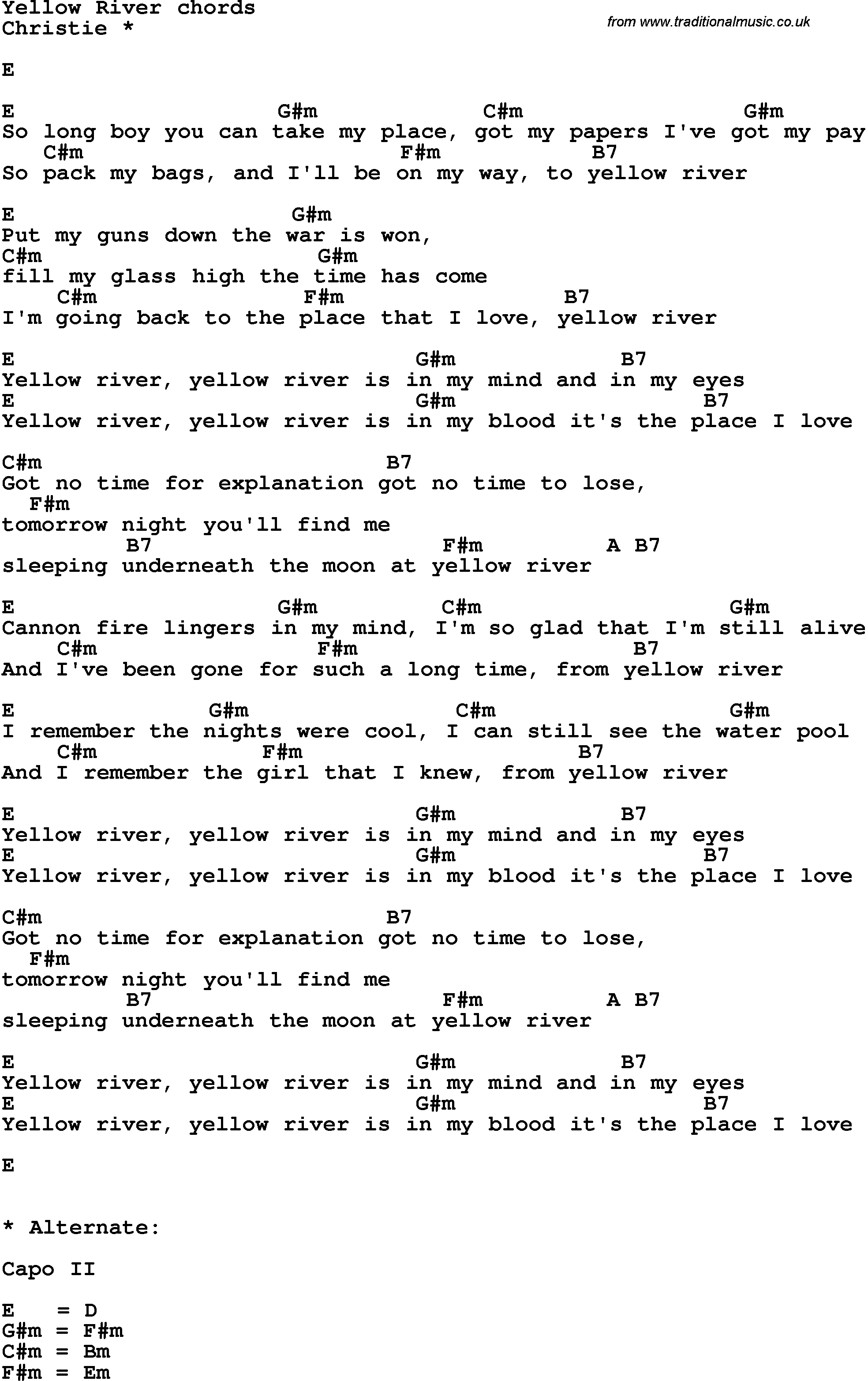 Song Lyrics with guitar chords for Yellow River