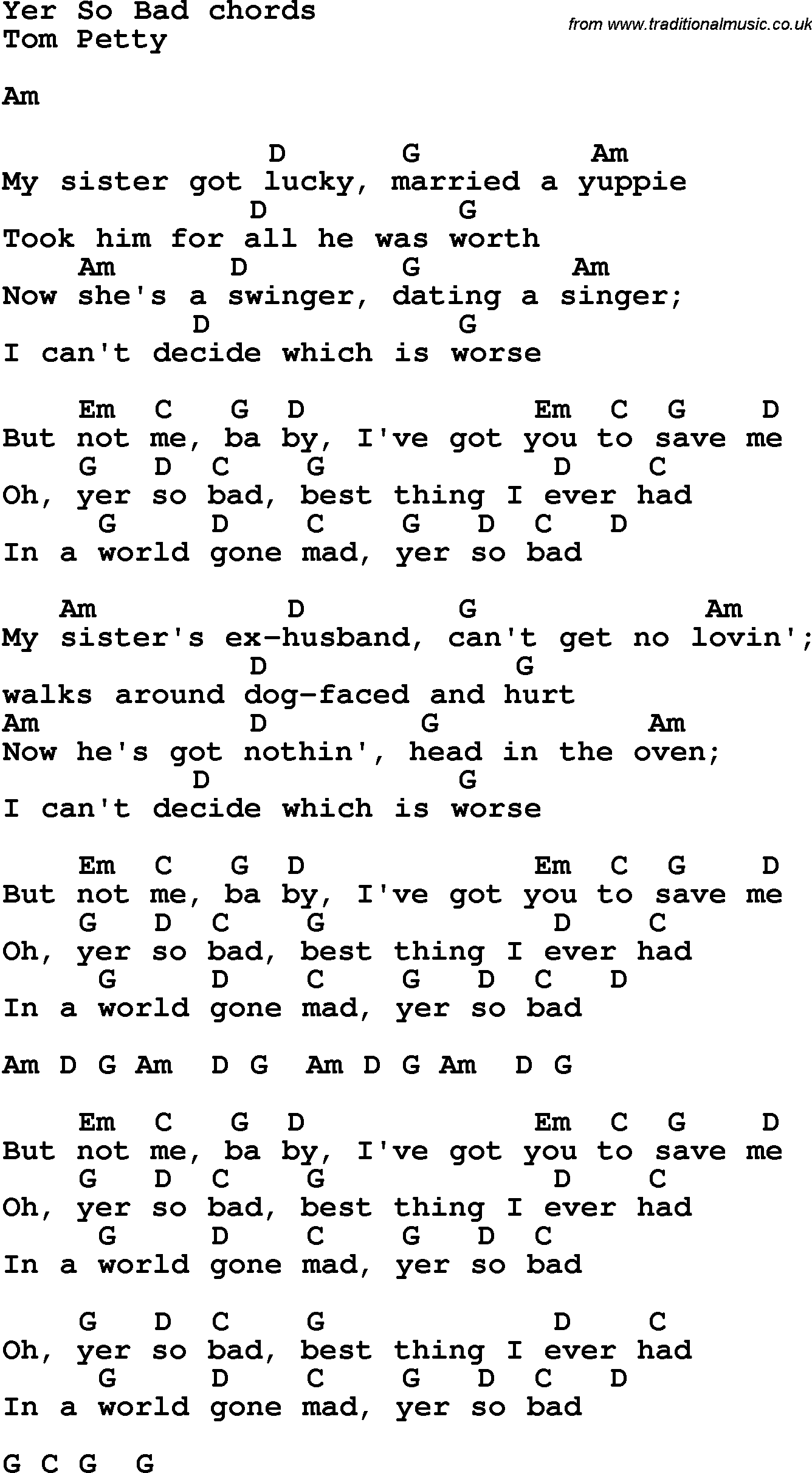 Song Lyrics with guitar chords for Yer So Bad