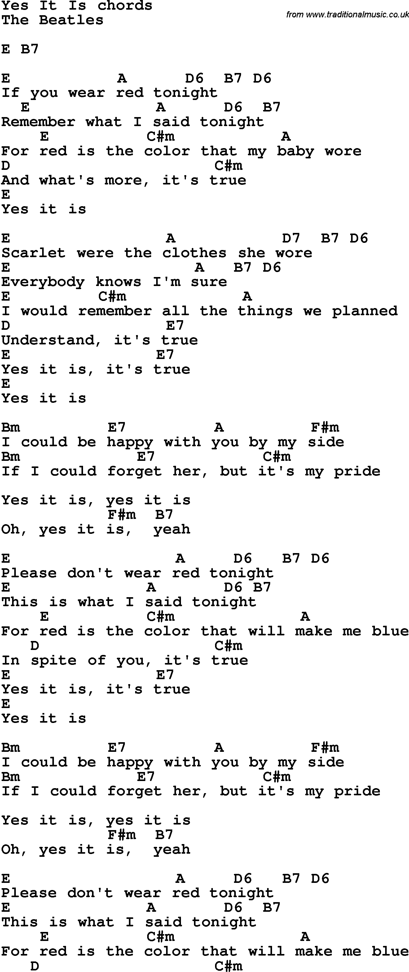 Song Lyrics with guitar chords for Yes It Is