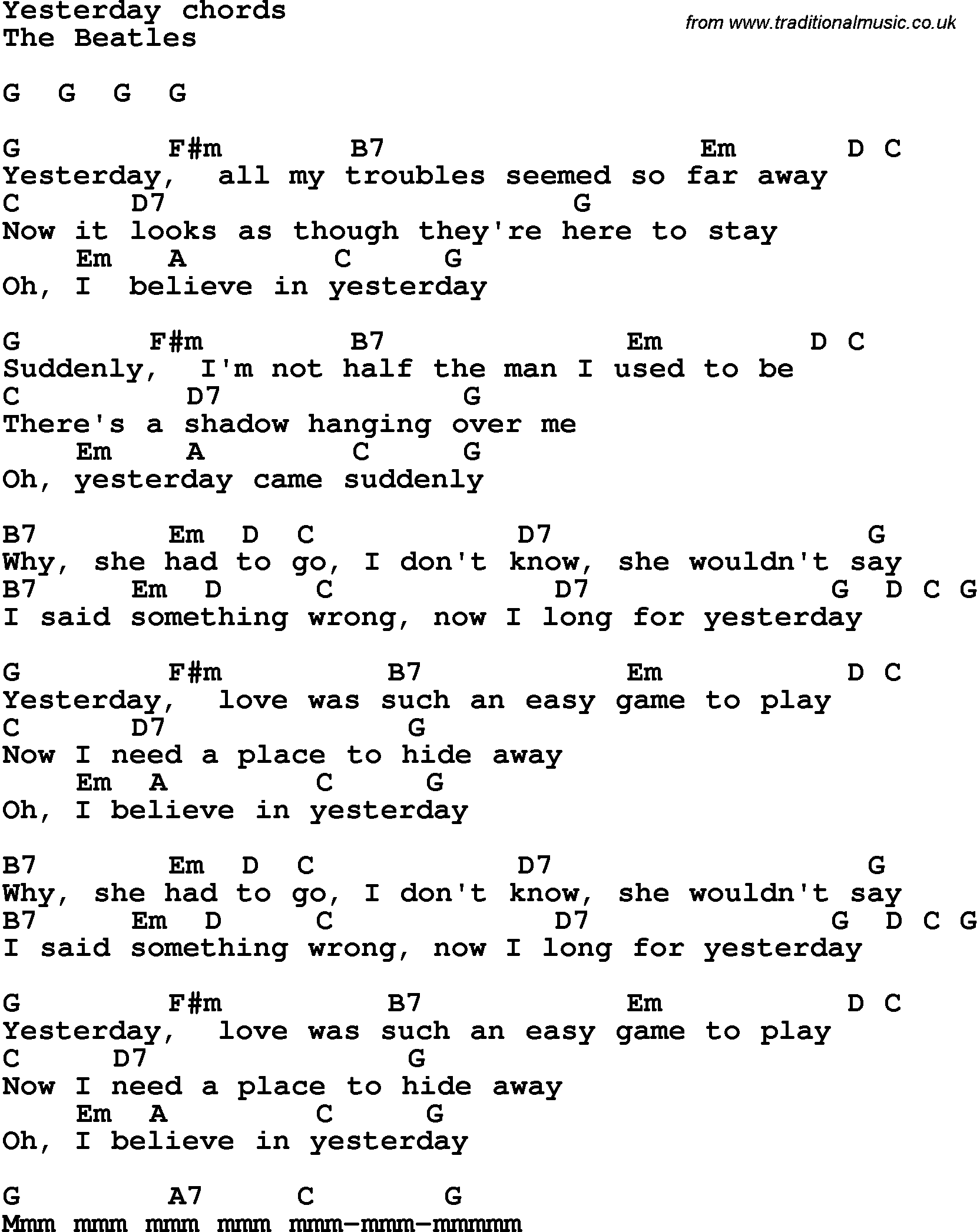 Song Lyrics with guitar chords for Yesterday - The Beatles