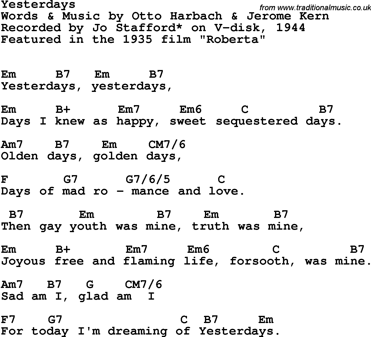 Song Lyrics with guitar chords for Yesterdays - Jo Stafford, 1944