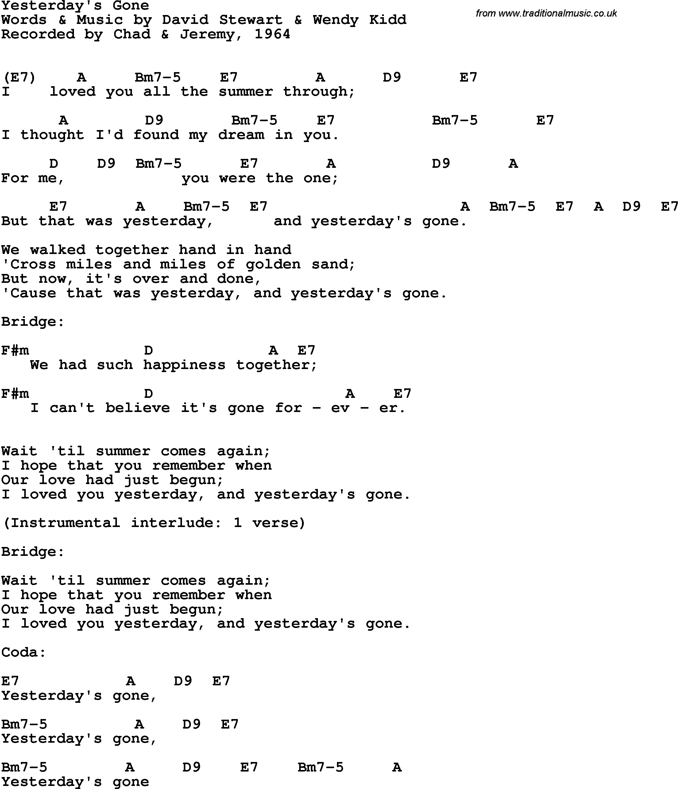 Song Lyrics with guitar chords for Yesterday's Gone - Chad & Jeremy, 1964