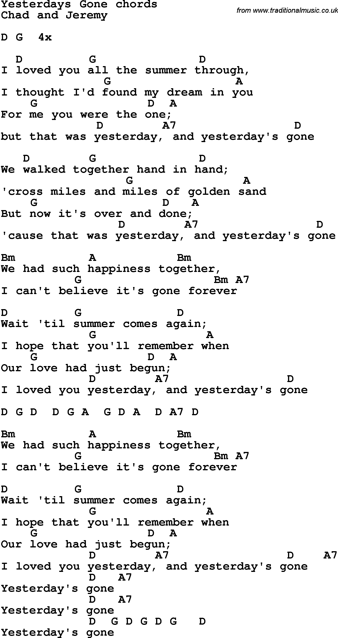 Song Lyrics with guitar chords for Yesterday's Gone